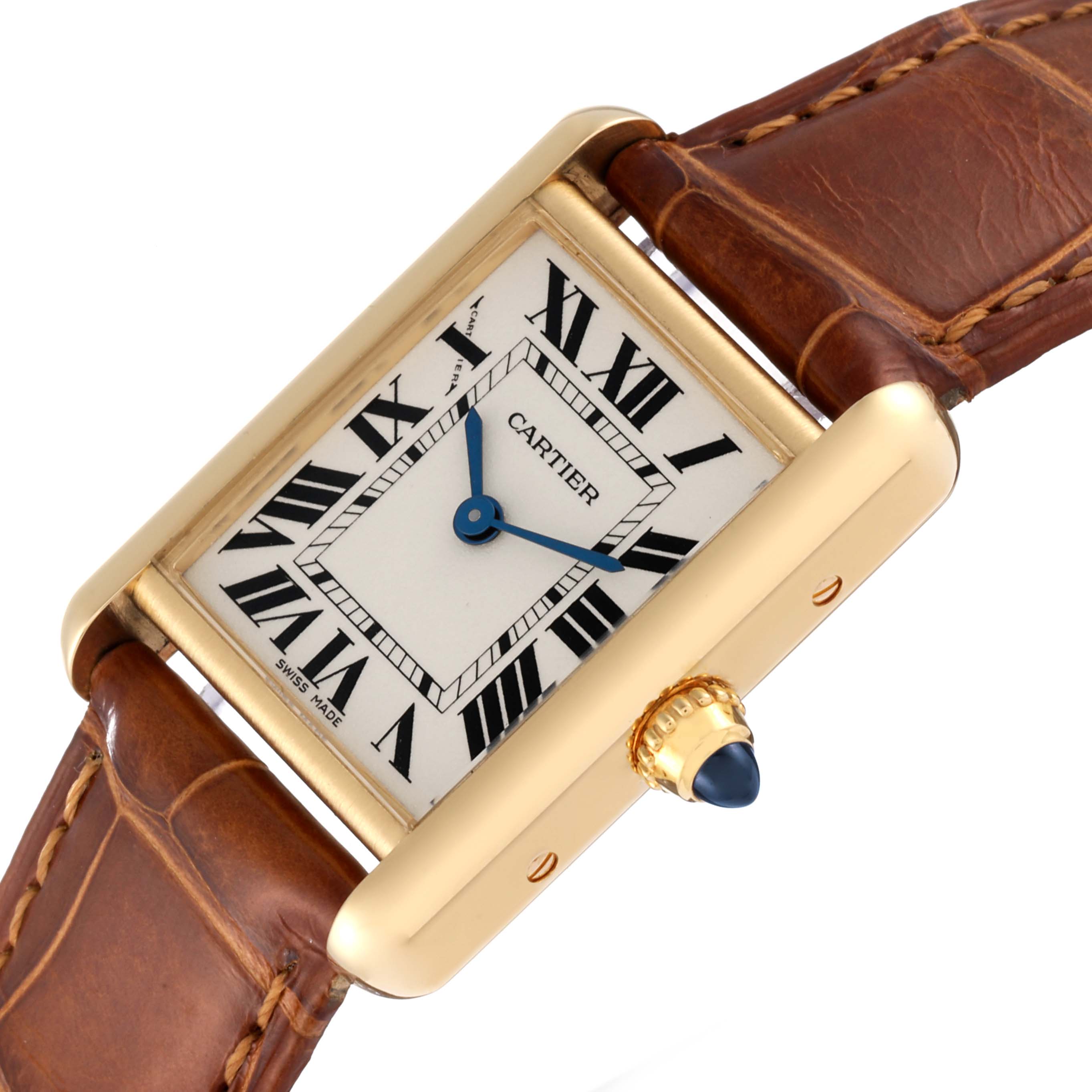 The Cartier Tank Louis W1529856 Women's Yellow Gold Silver Dial W1529856 Women's Yellow Gold Silver Dial watch is shown at an angle, displaying its rectangular face, Roman numerals, gold case, blue sword hands, and brown leather strap.