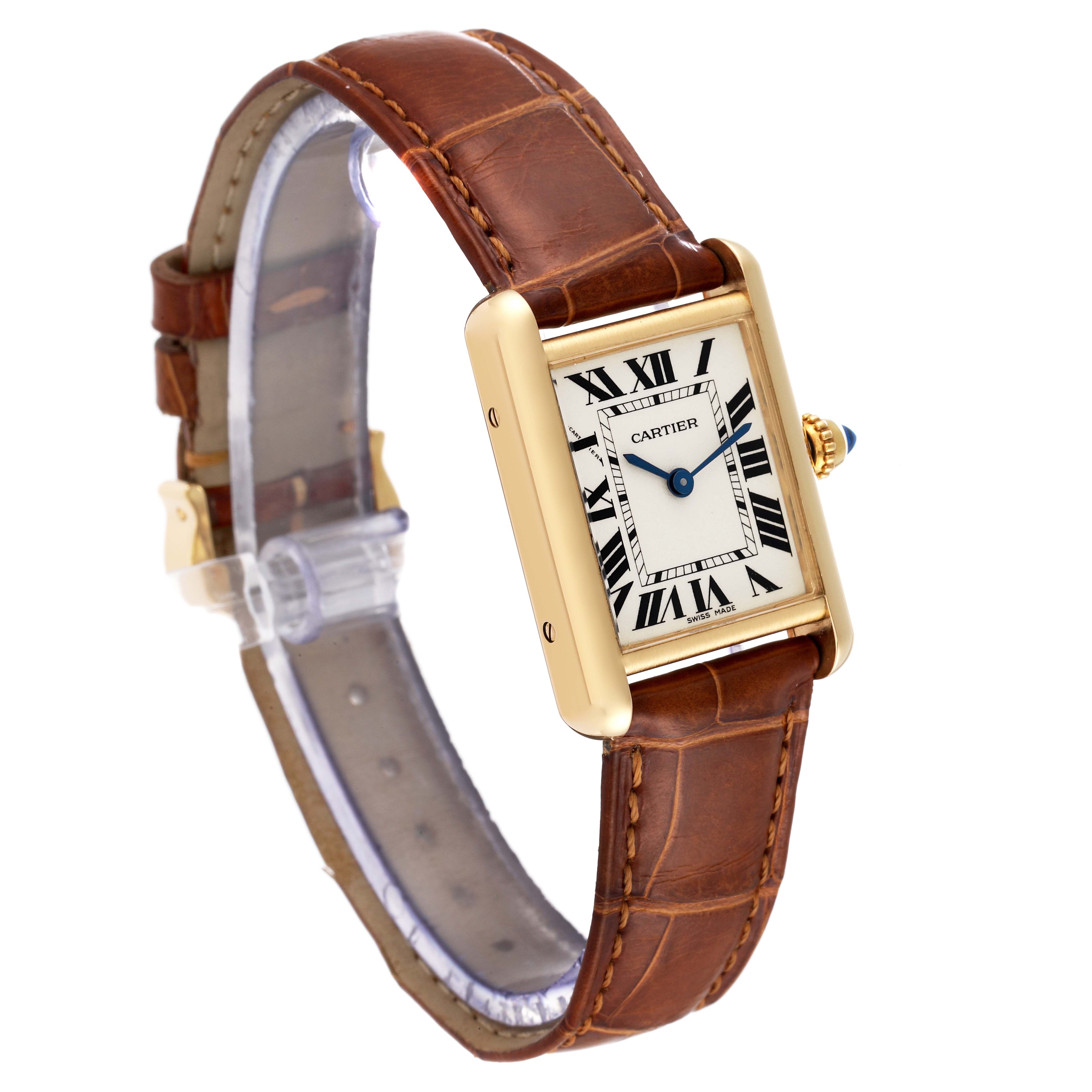 The image shows a Cartier Tank Louis W1529856 Women's Yellow Gold Silver Dial W1529856 Women's Yellow Gold Silver Dial model watch from a side angle, highlighting its brown leather strap and gold rectangular case.