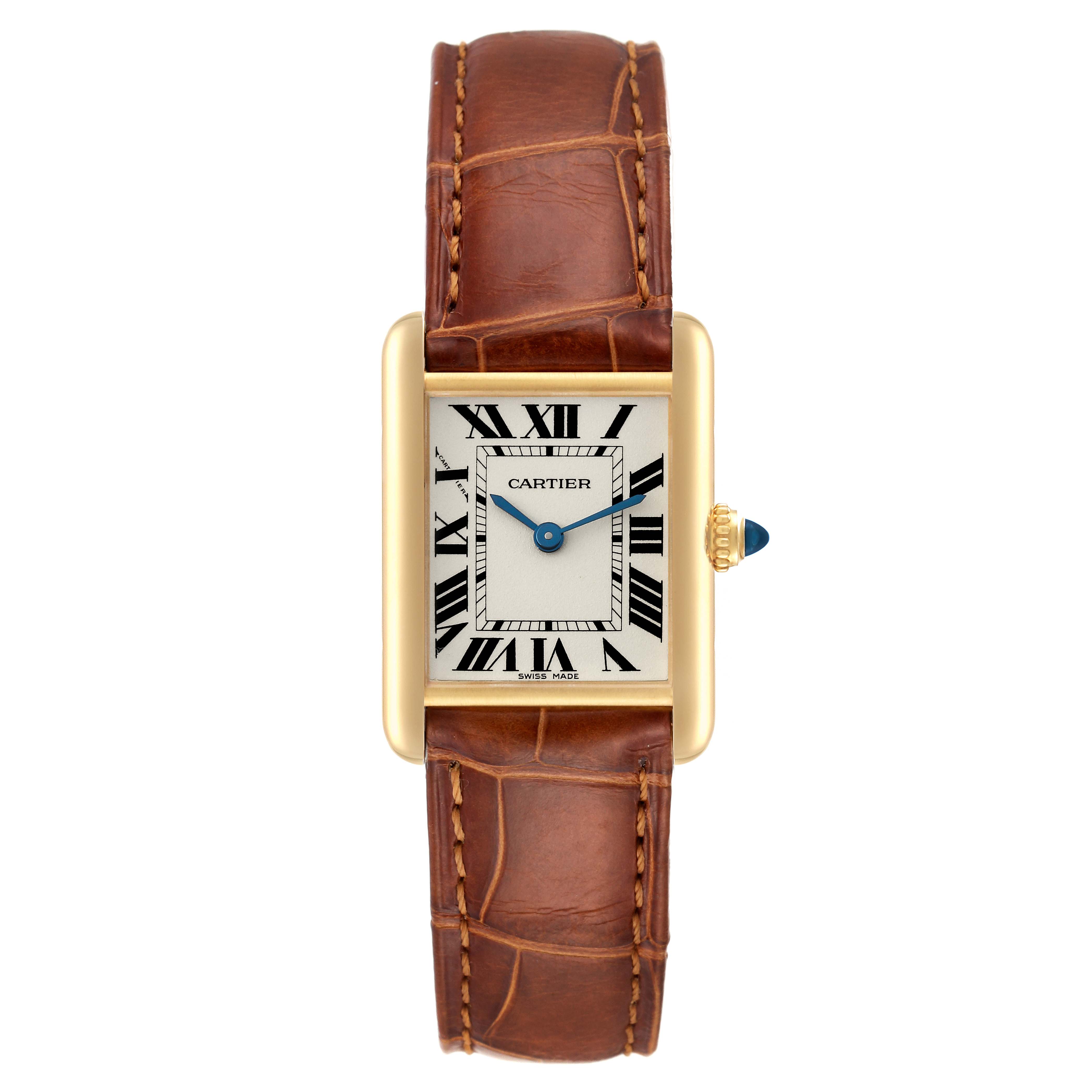 The image shows a Cartier Tank Louis W1529856 Women's Yellow Gold Silver Dial W1529856 Women's Yellow Gold Silver Dial watch with a brown leather strap, gold case, and a rectangular dial featuring Roman numerals.