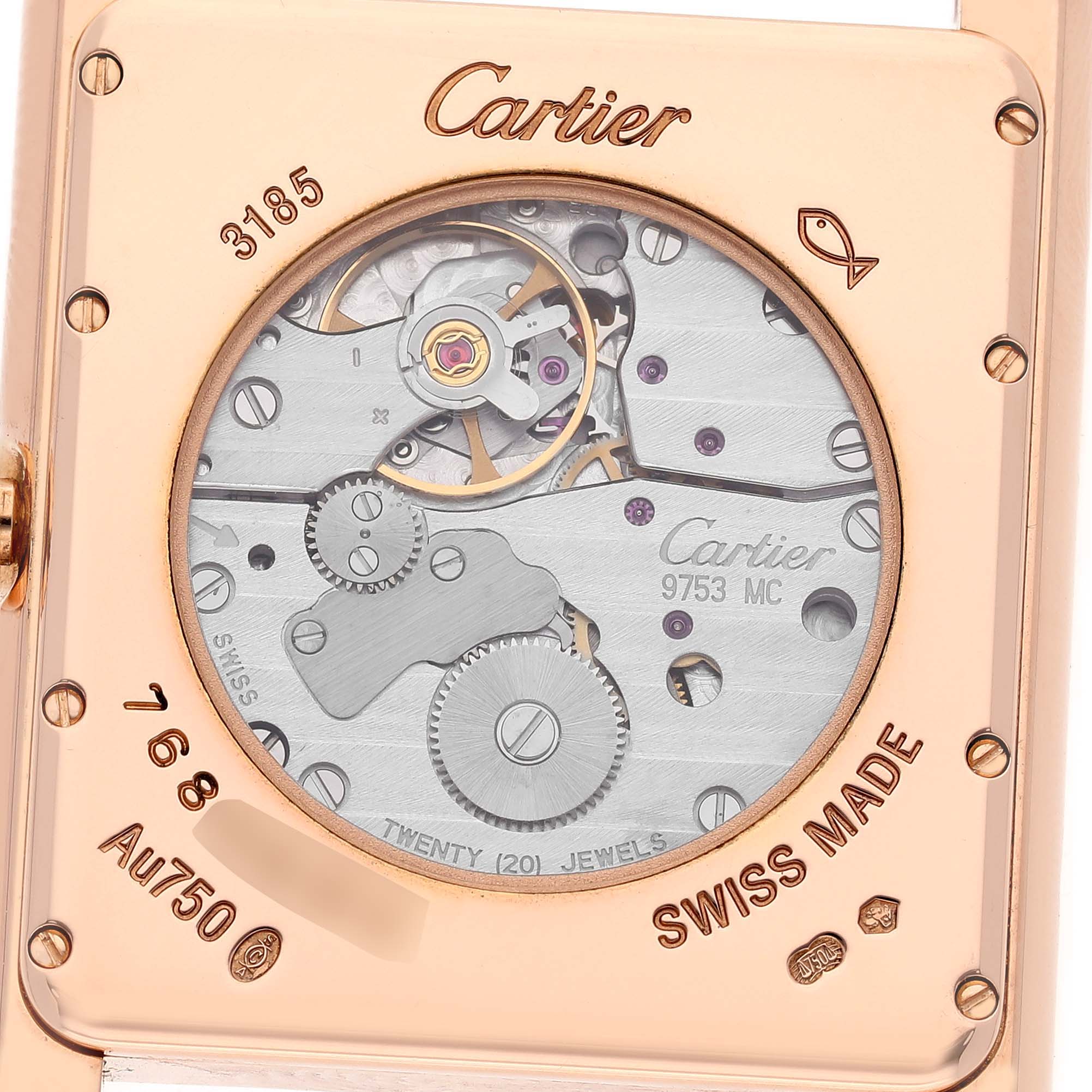 The image shows the back of a Cartier Tank Louis W1560002 Men's Rose Gold Brown Dial watch, highlighting its intricate mechanical movement.