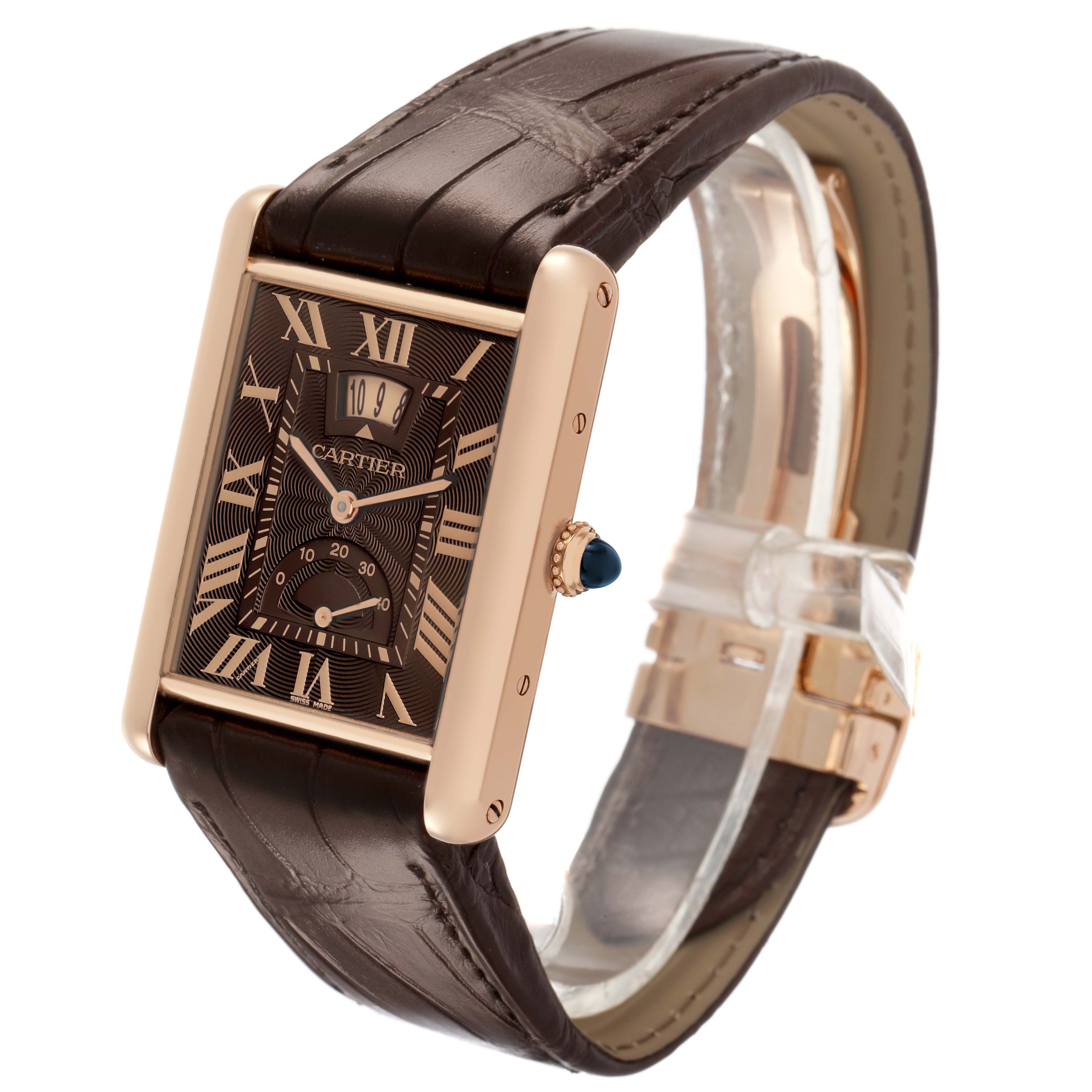 The Cartier Tank Louis W1560002 Men's Rose Gold Brown Dial watch is shown at an angled view, highlighting the case, dial, crown, and leather strap.
