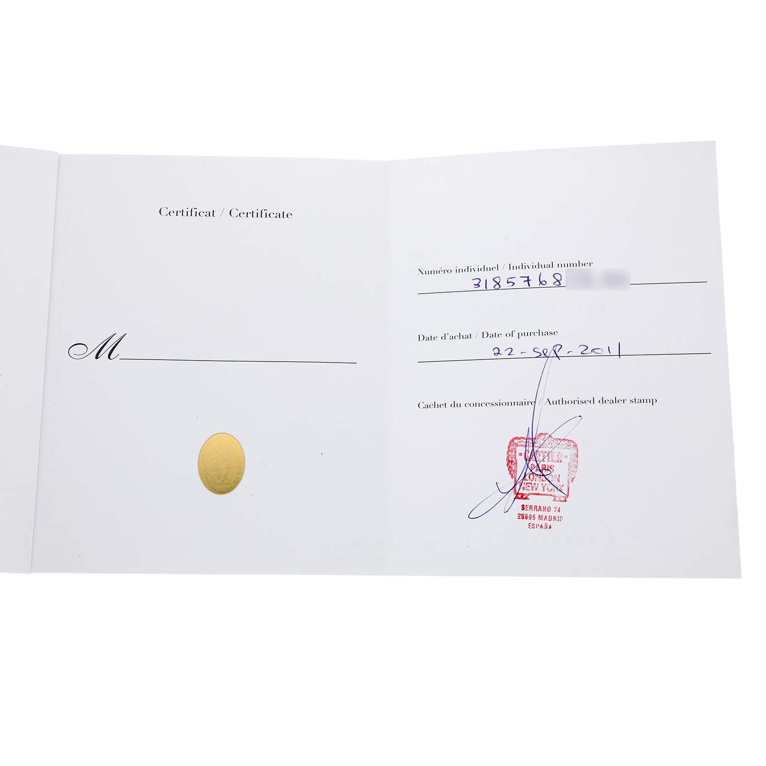The image shows a certificate with purchase details for the Cartier Tank Louis W1560002 Men's Rose Gold Brown Dial watch, including a date and dealer stamp.