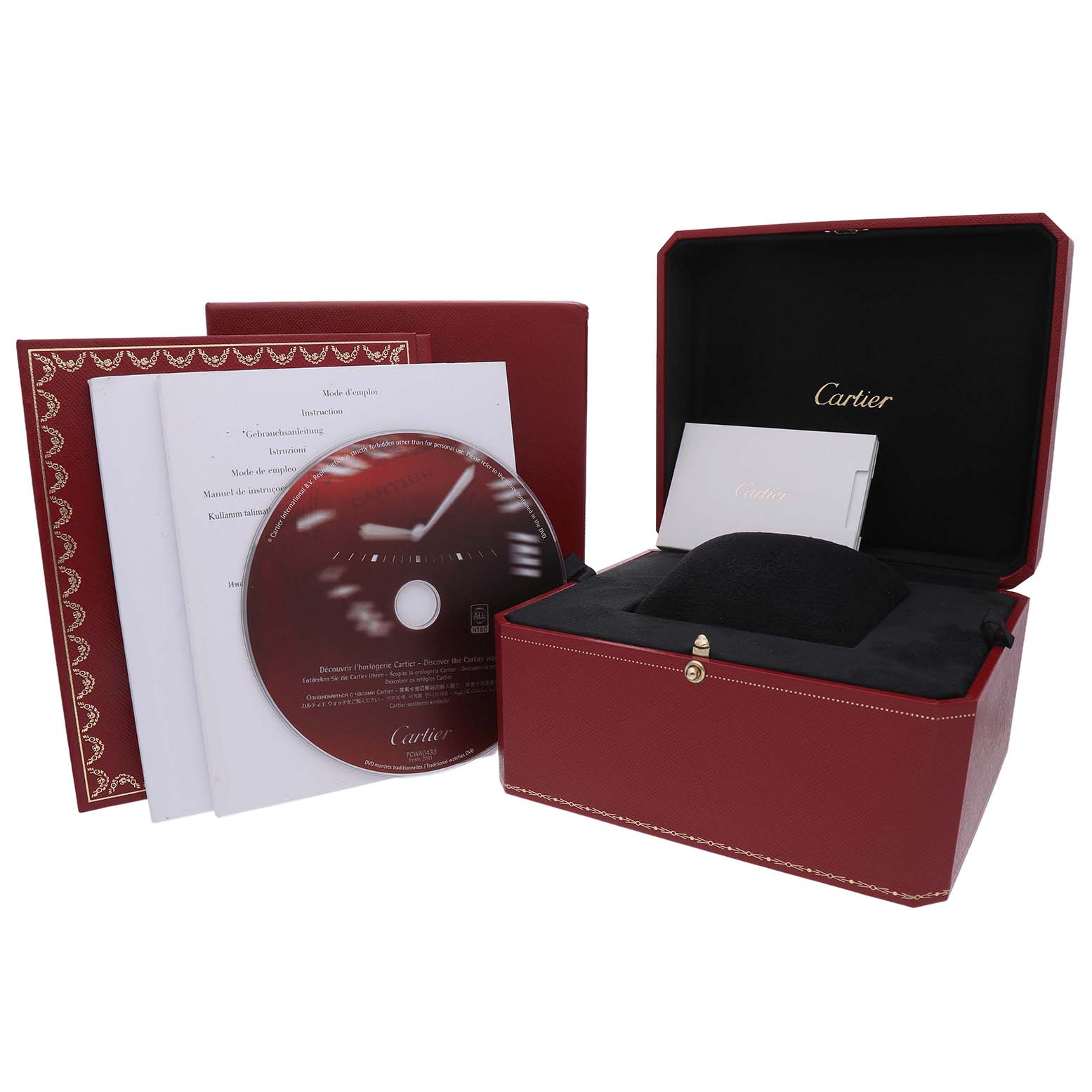 The image shows a Cartier Tank Louis W1560002 Men's Rose Gold Brown Dial watch box, manuals, disc, and warranty card.