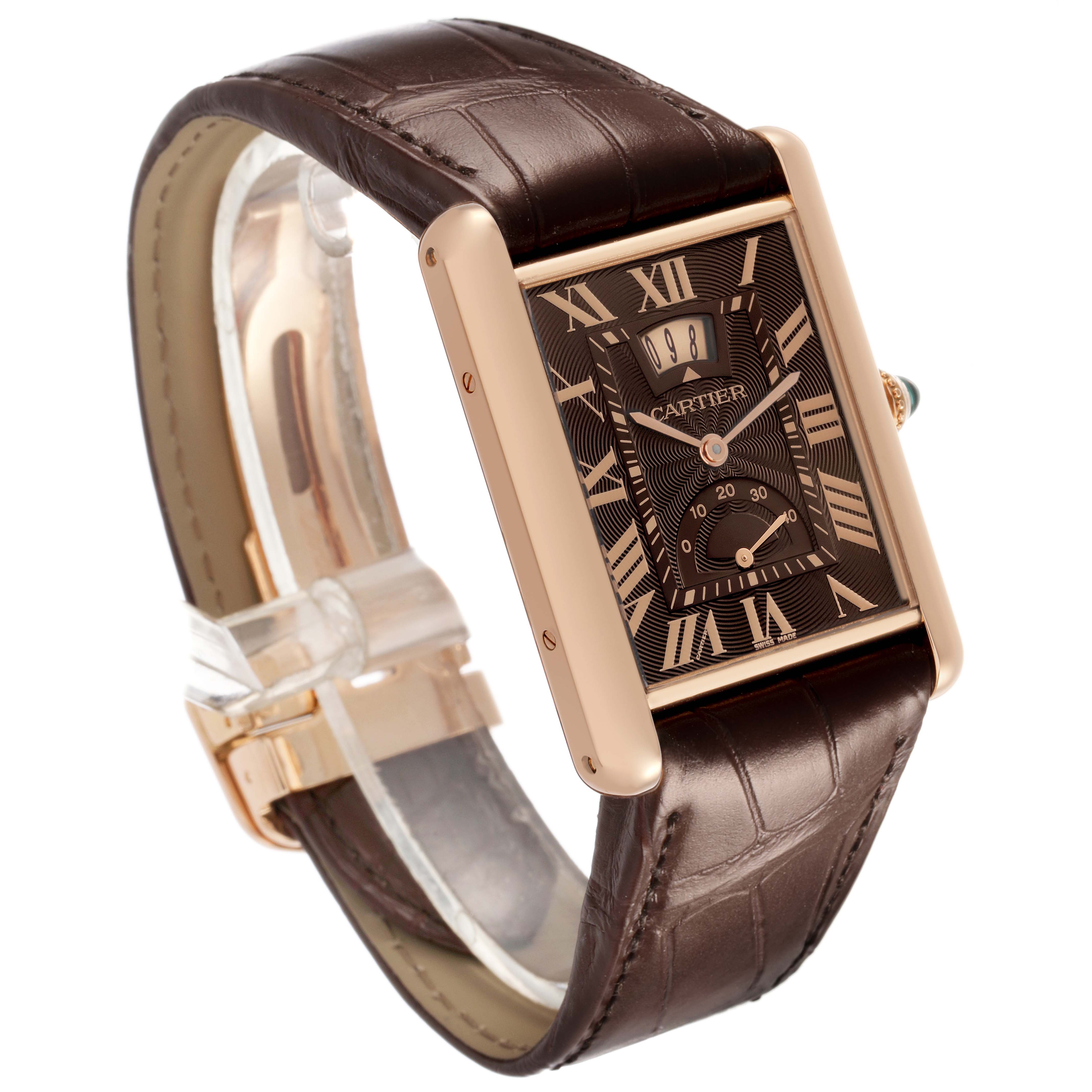The Cartier Tank Louis W1560002 Men's Rose Gold Brown Dial watch is shown at an angle highlighting its brown leather strap, Roman numeral dial, and gold case.
