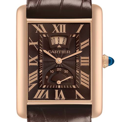 The Cartier Tank Louis W1560002 Men's Rose Gold Brown Dial watch is shown from the front, highlighting its rectangular face, Roman numerals, and a blue cabochon crown.