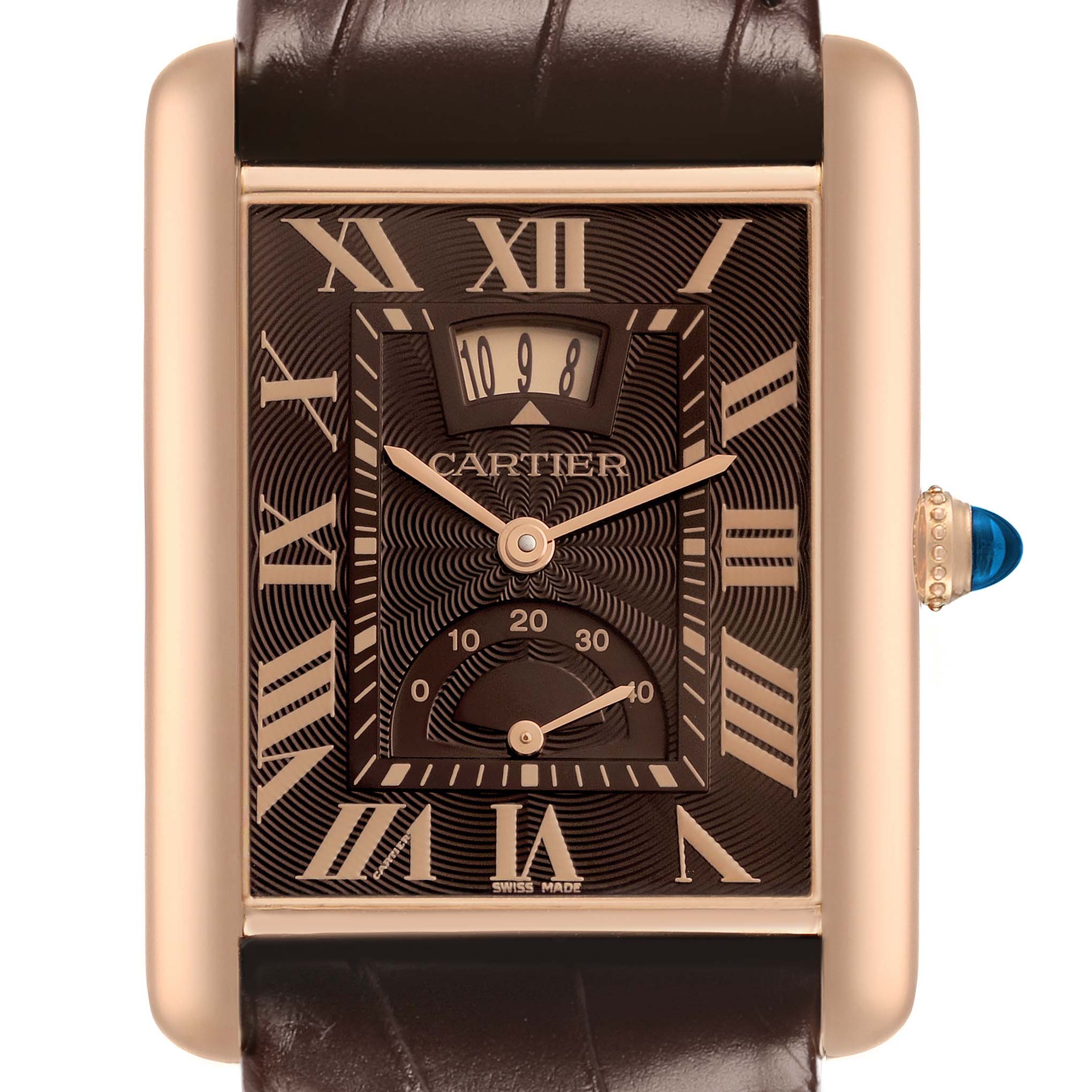The Cartier Tank Louis W1560002 Men's Rose Gold Brown Dial watch is shown from a front view, highlighting the dial, hands, and crown with its distinctive blue cabochon.