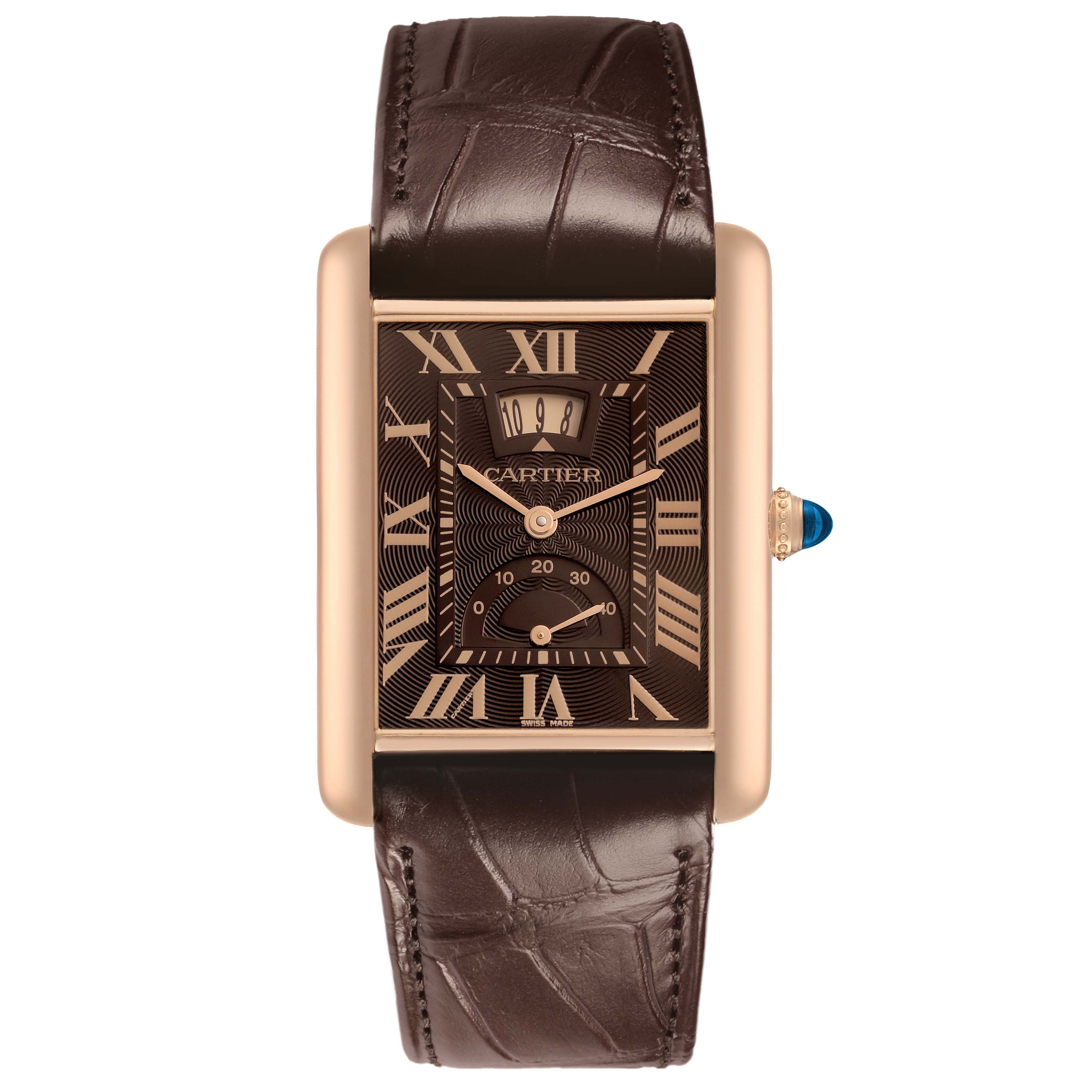 This image shows a Cartier Tank Louis W1560002 Men's Rose Gold Brown Dial watch, front view, featuring the strap, dial, case, and crown with a blue gem.