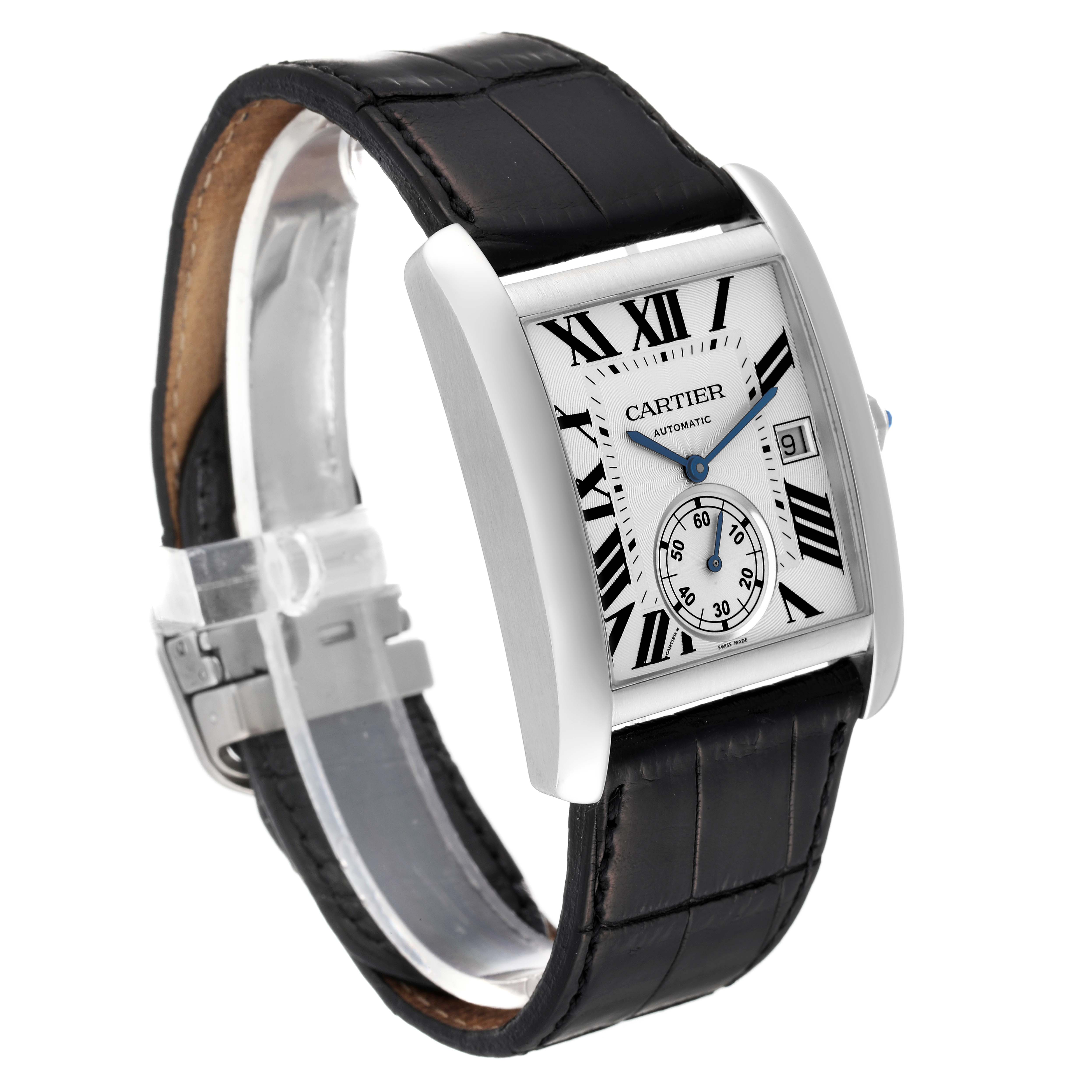 The Tank MC model by Cartier is shown at an angle highlighting the face, strap, clasp, and visible crown.