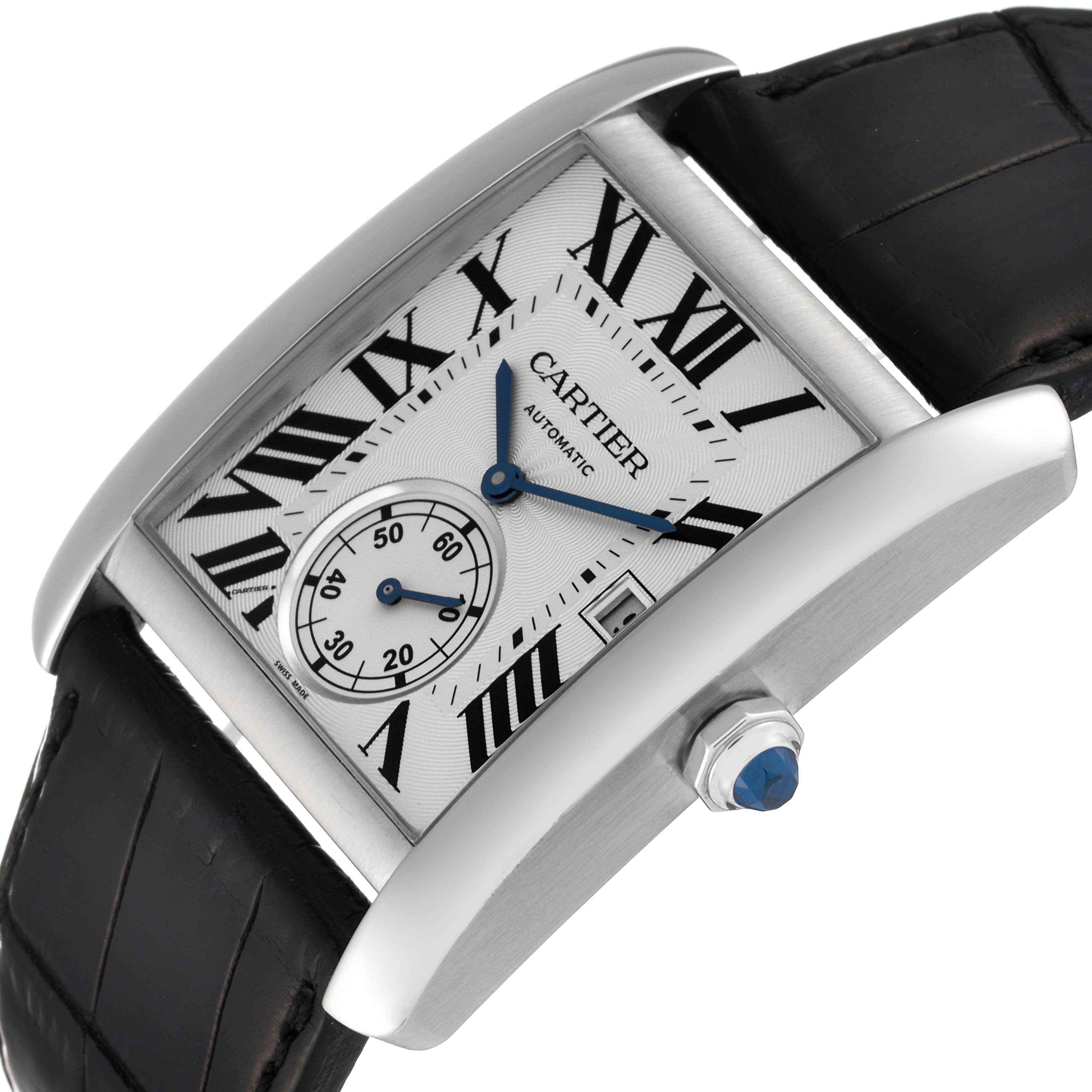 The image shows a close-up, angled view of the Cartier Tank MC W5330003 Men
s Stainless Steel Silver Dial W5330003 Men
s Stainless Steel Silver Dial watch, featuring the face, crown, and leather strap.