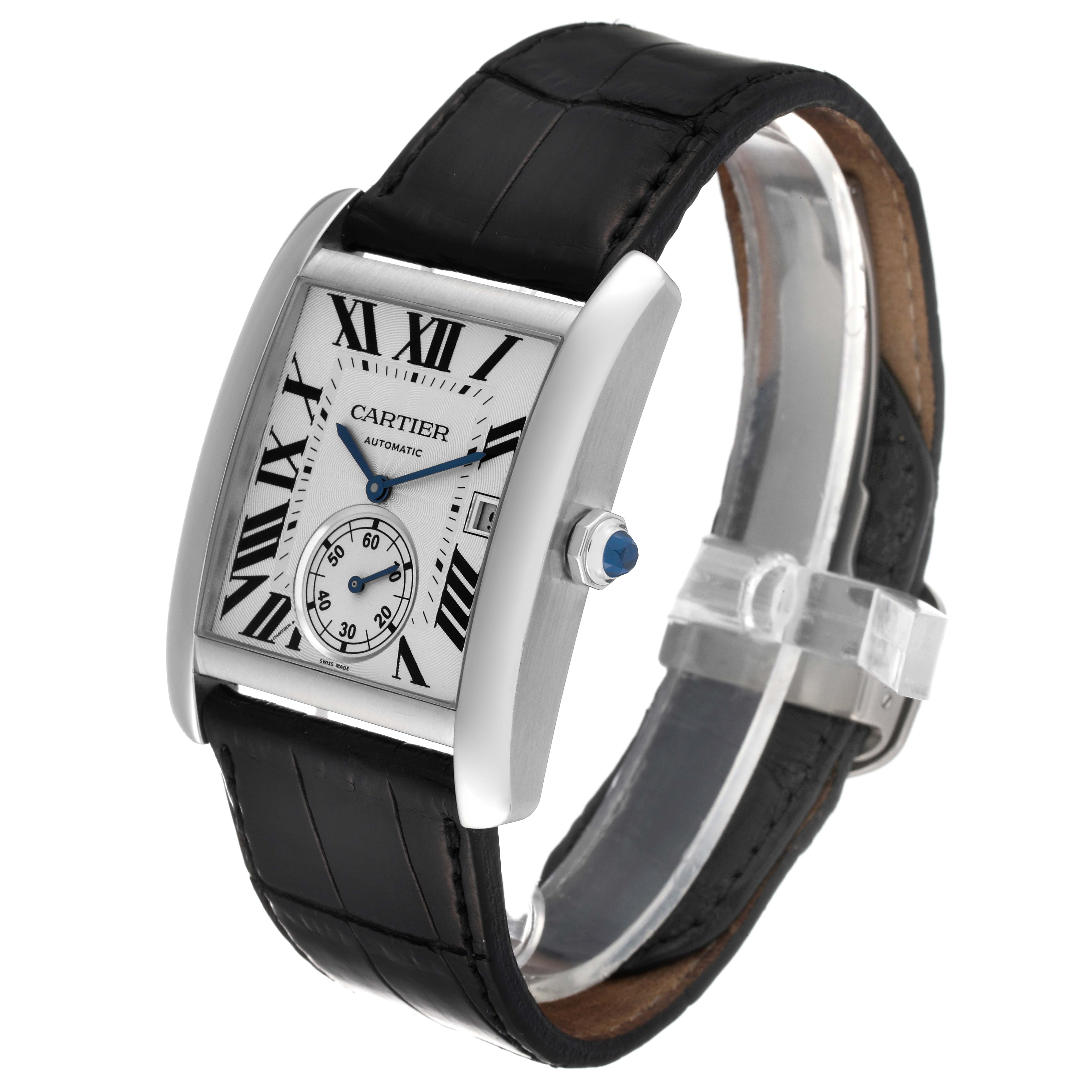 This image shows a Cartier Tank MC W5330003 Men
s Stainless Steel Silver Dial W5330003 Men
s Stainless Steel Silver Dial watch at a three-quarter angle, highlighting the dial, case, crown, and black leather strap.