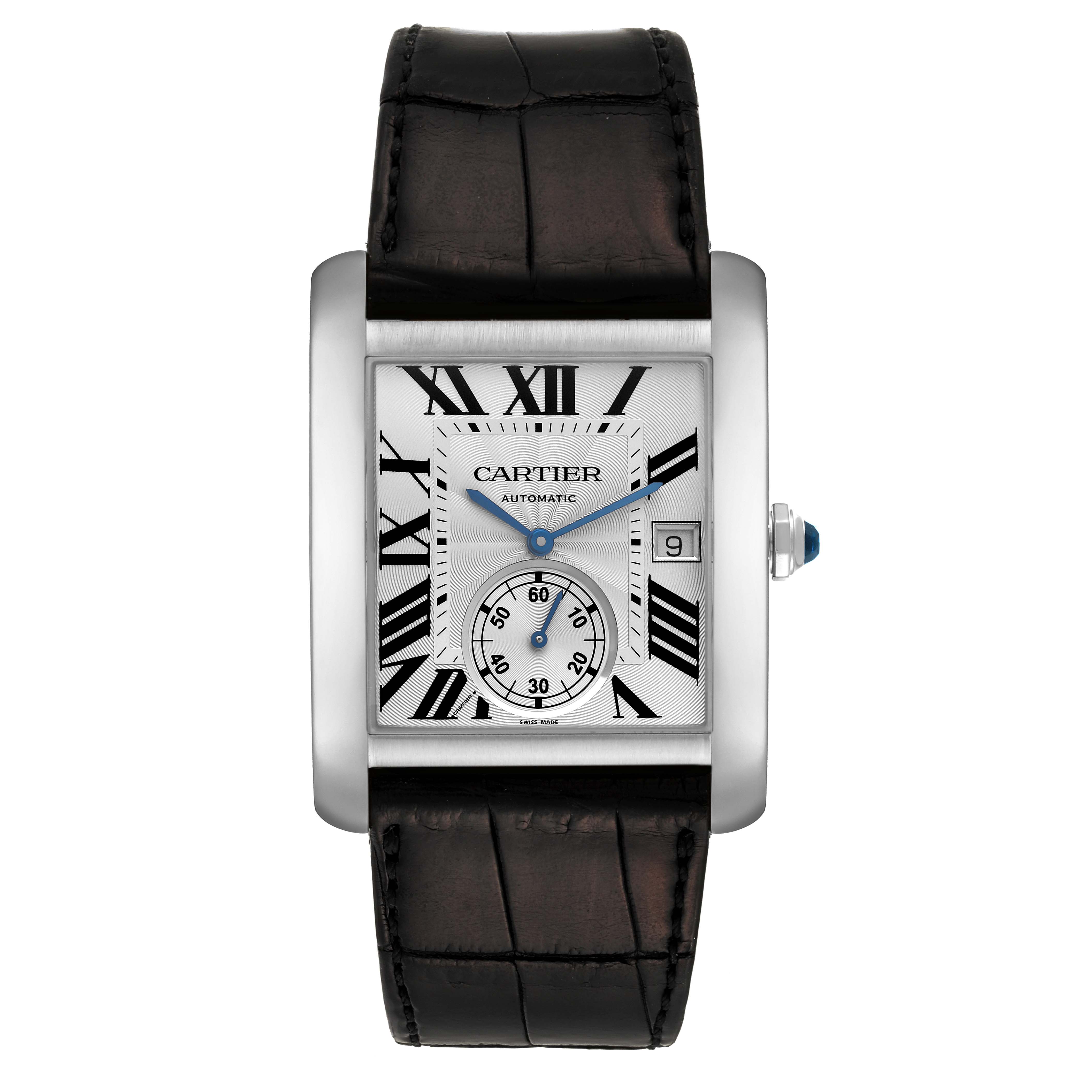 The image shows a frontal view of the Cartier Tank MC W5330003 Men
s Stainless Steel Silver Dial W5330003 Men
s Stainless Steel Silver Dial watch, displaying its dial, hands, and leather strap.