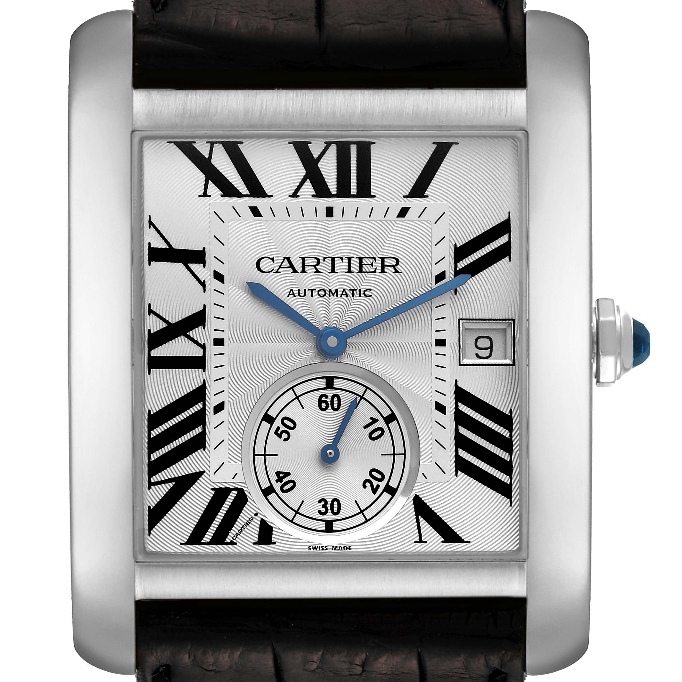 The Cartier Tank MC W5330003 Men
s Stainless Steel Silver Dial W5330003 Men
s Stainless Steel Silver Dial watch is shown from the front, displaying its dial, Roman numerals, sub-dial, hands, and date window.