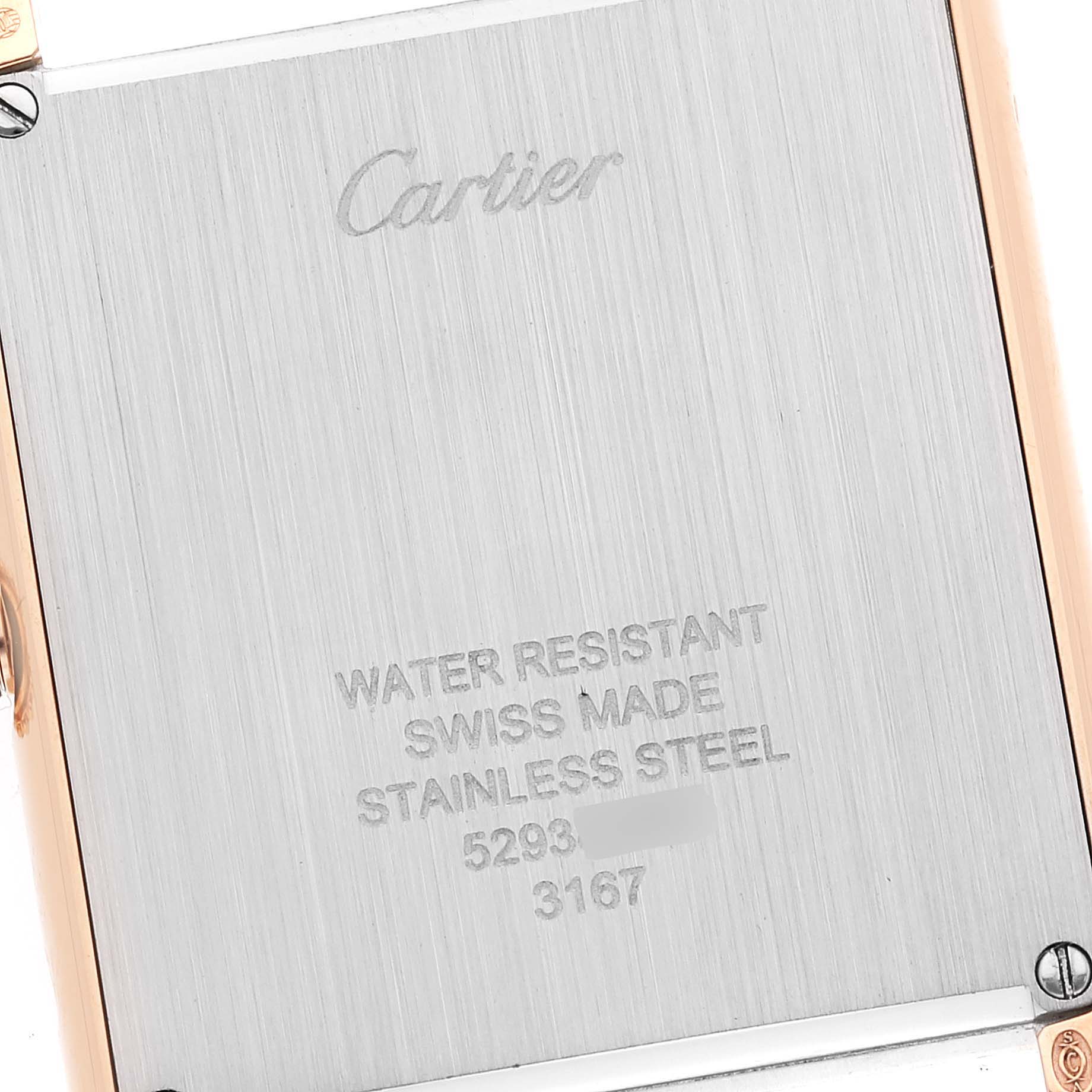 The image shows the back case of a Cartier Tank Solo W5200025 Men's Rose Gold Silver Dial W5200025 Men's Rose Gold Silver Dial watch, highlighting the brand and model information.