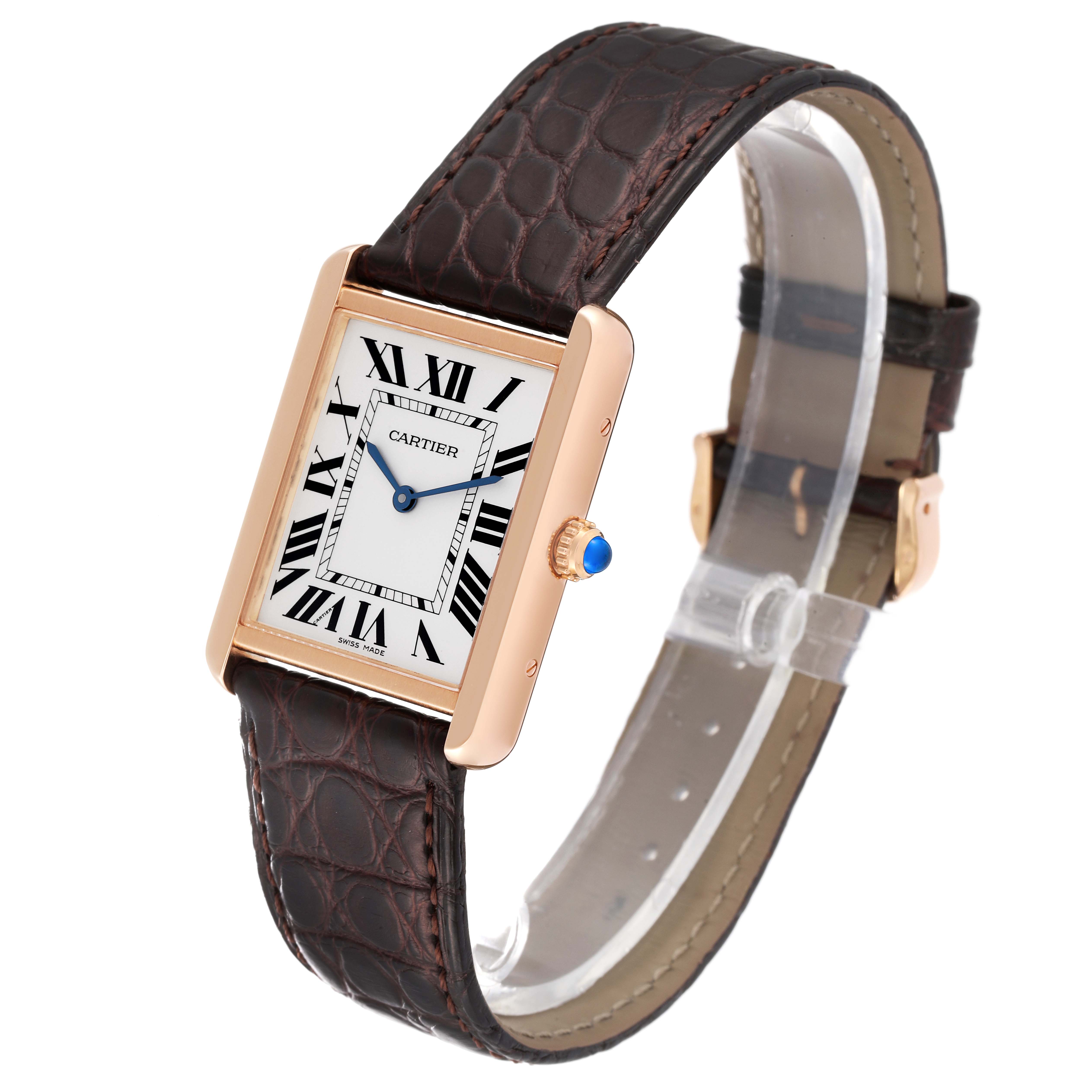 The image shows a Cartier Tank Solo W5200025 Men's Rose Gold Silver Dial W5200025 Men's Rose Gold Silver Dial watch from an angled view, highlighting the face, crown, and leather strap.