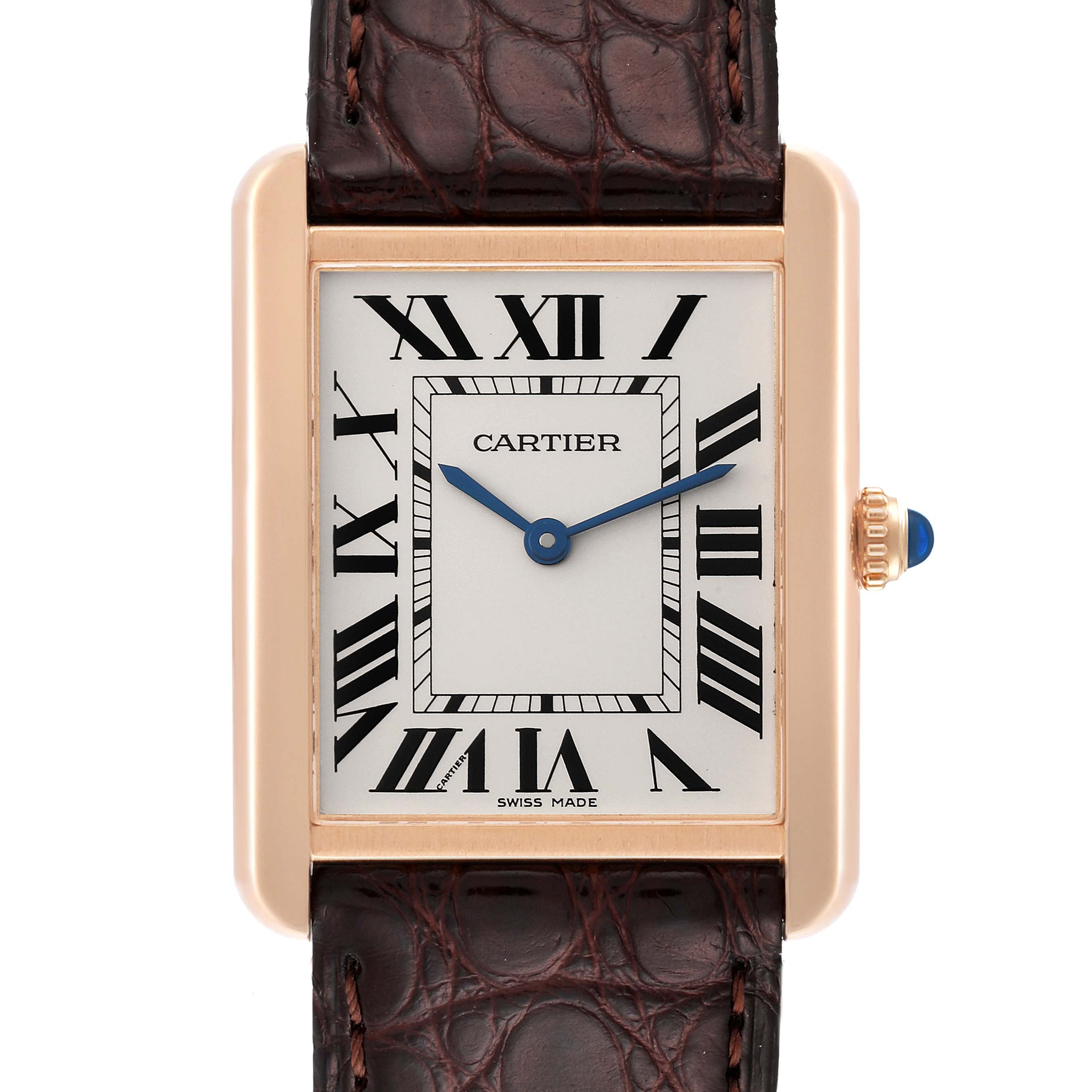 The Cartier Tank Solo W5200025 Men's Rose Gold Silver Dial W5200025 Men's Rose Gold Silver Dial watch is shown from the front, displaying its face, Roman numerals, and a brown leather strap.