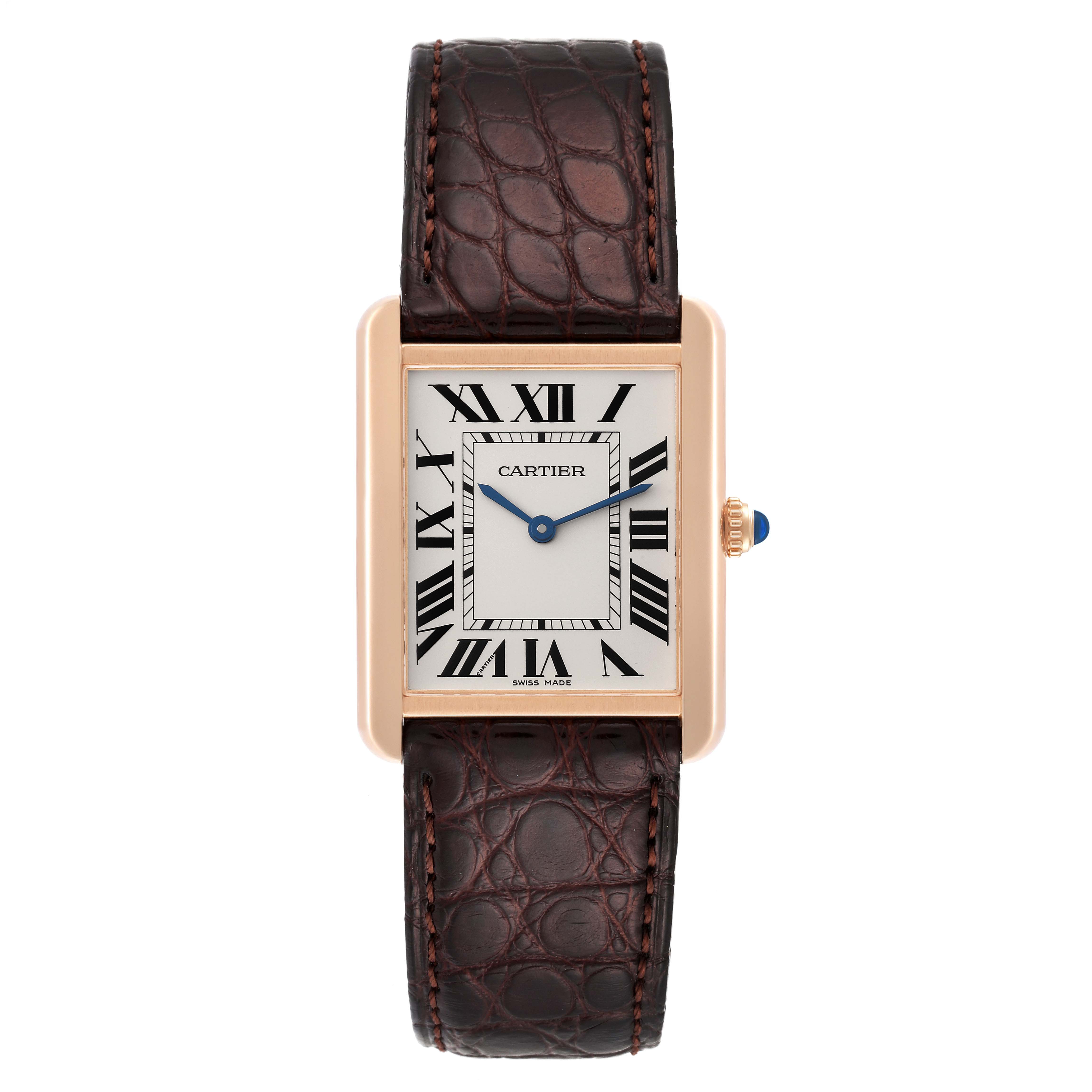 The Cartier Tank Solo W5200025 Men's Rose Gold Silver Dial W5200025 Men's Rose Gold Silver Dial watch is shown from a top-down angle, displaying its face, strap, and crown.