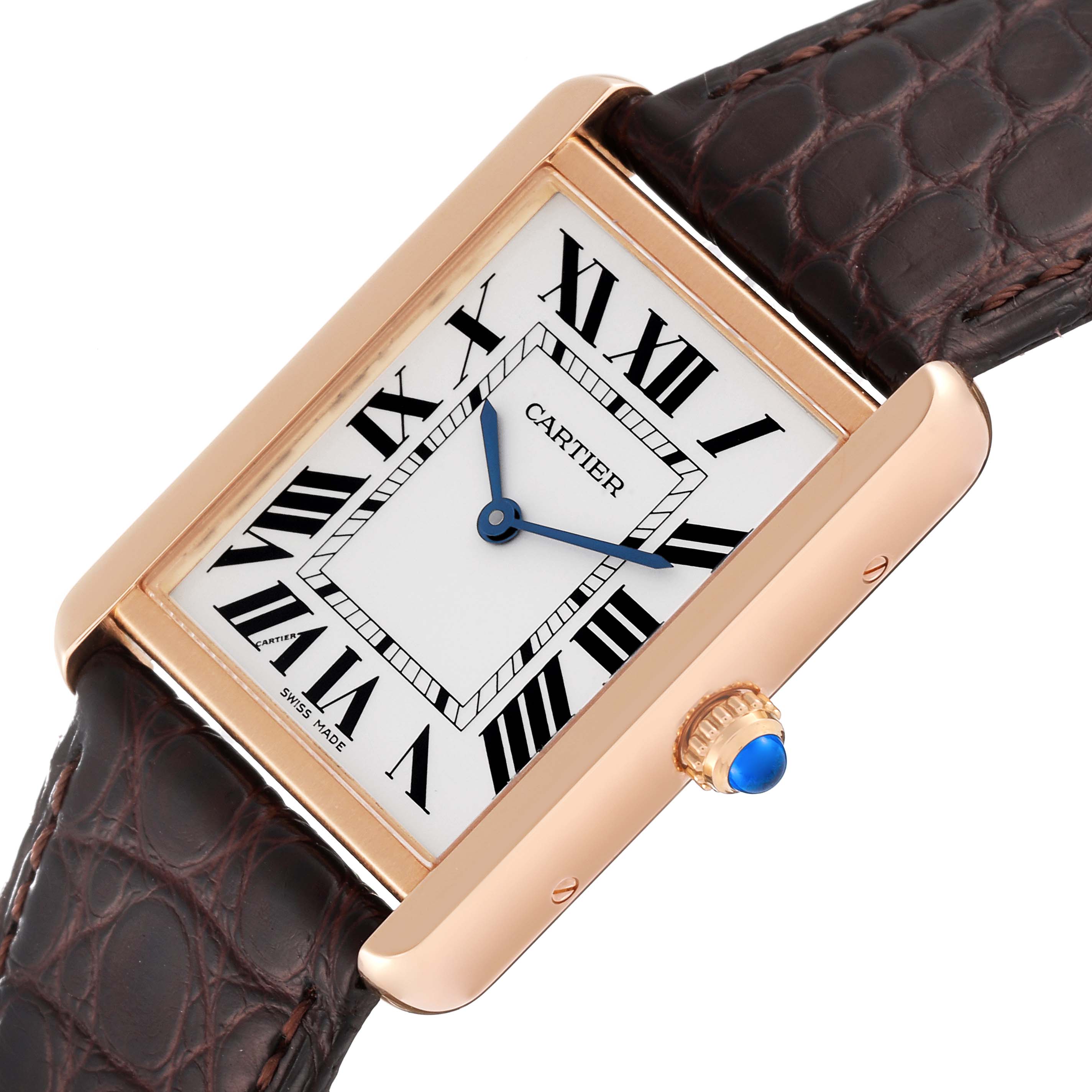 The Cartier Tank Solo W5200025 Men's Rose Gold Silver Dial W5200025 Men's Rose Gold Silver Dial watch is shown from the front, displaying the face, Roman numerals, hands, and part of the strap.