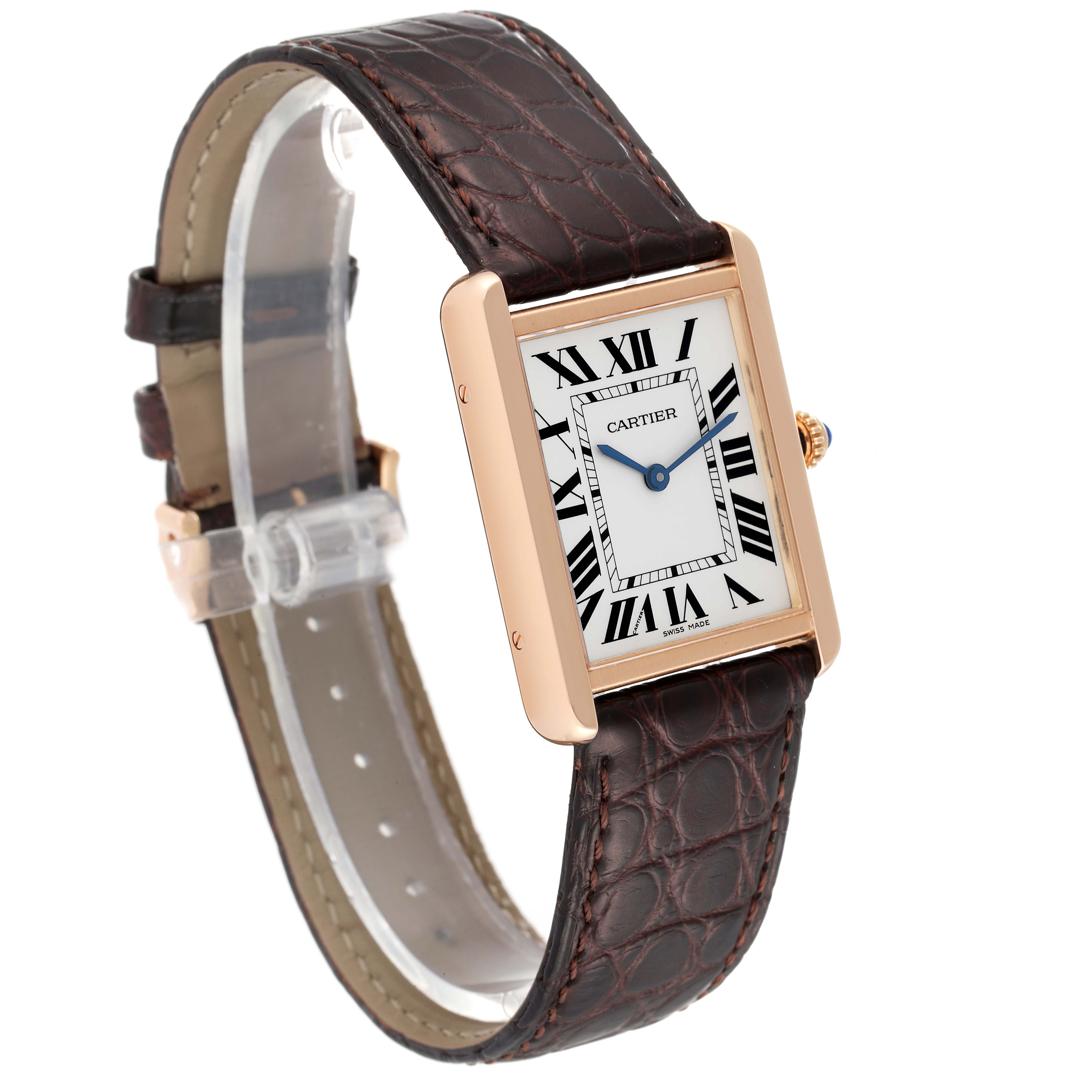 The angle showcases a side and front view of the Cartier Tank Solo W5200025 Men's Rose Gold Silver Dial W5200025 Men's Rose Gold Silver Dial watch, highlighting the dial, straps, and crown.