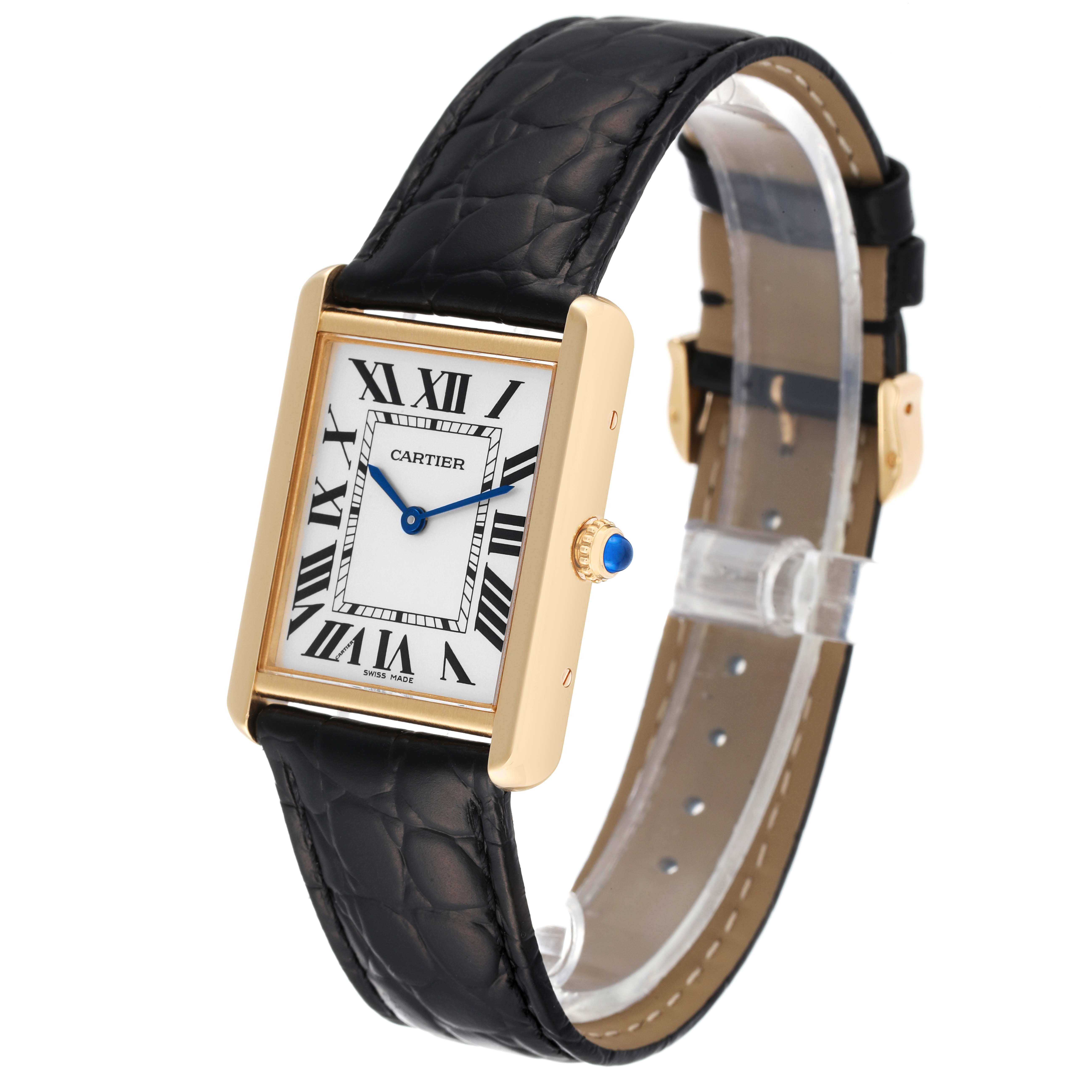 The image shows a front angled view of the Cartier Tank Solo W5200004 Men's Yellow Gold Silver Dial W5200004 Men's Yellow Gold Silver Dial watch, highlighting its rectangular face, gold casing, and black leather strap.