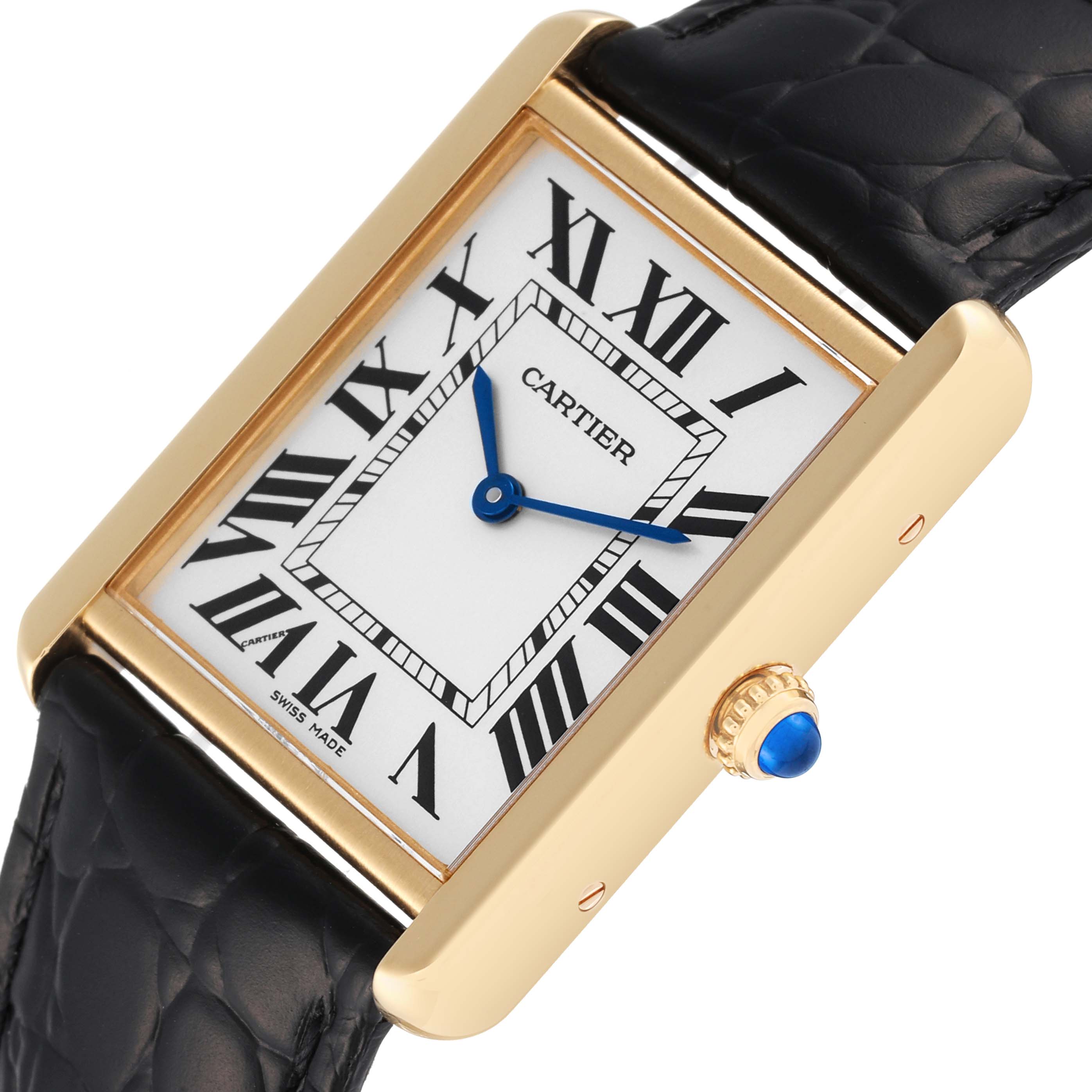 This image showcases a Cartier Tank Solo W5200004 Men's Yellow Gold Silver Dial W5200004 Men's Yellow Gold Silver Dial watch at a slight angle, highlighting the face, Roman numerals, hands, and crown with a blue cabochon.