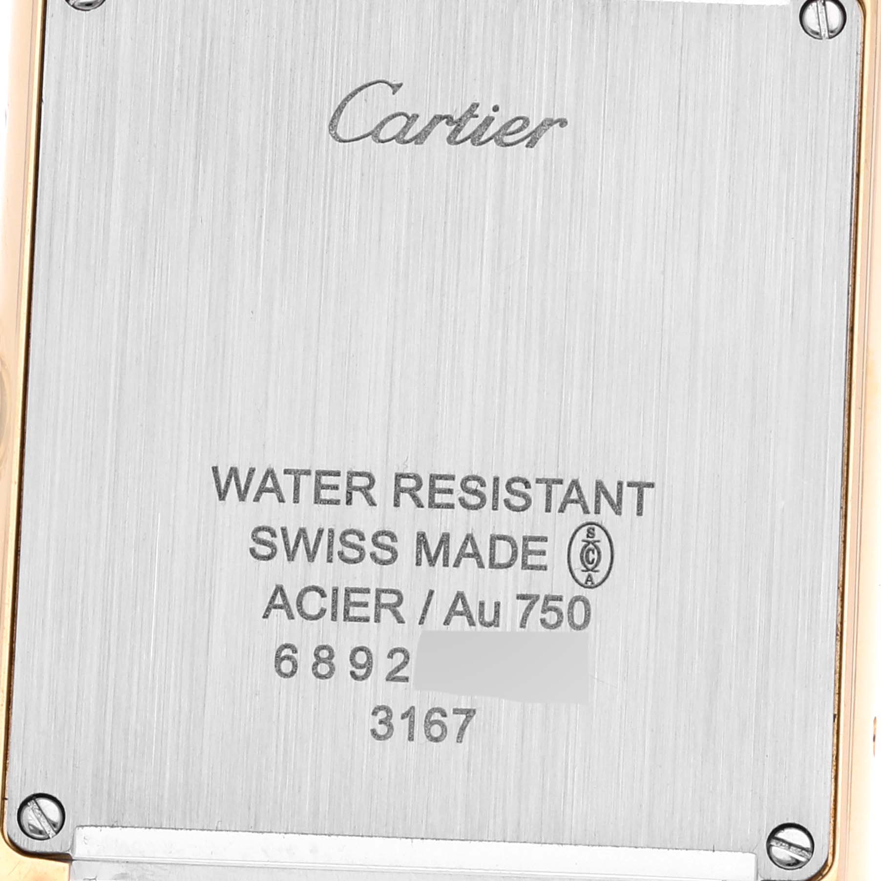 This image shows the back case of the Cartier Tank Solo W5200004 Men's Yellow Gold Silver Dial W5200004 Men's Yellow Gold Silver Dial watch, highlighting the brand, model information, and water resistance details.