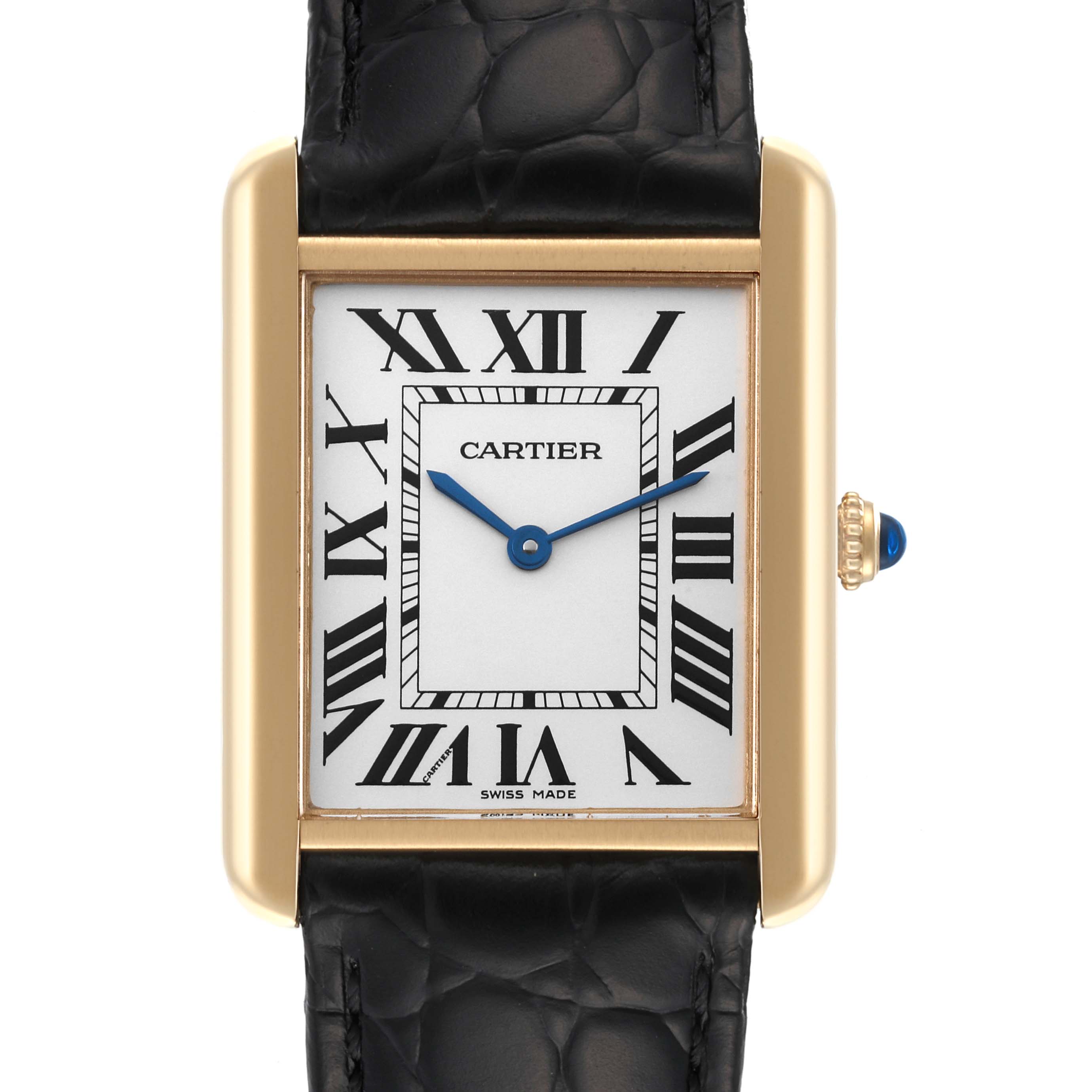 This image shows a frontal view of the Cartier Tank Solo W5200004 Men's Yellow Gold Silver Dial W5200004 Men's Yellow Gold Silver Dial watch, highlighting the face, case, crown, and part of the black strap.