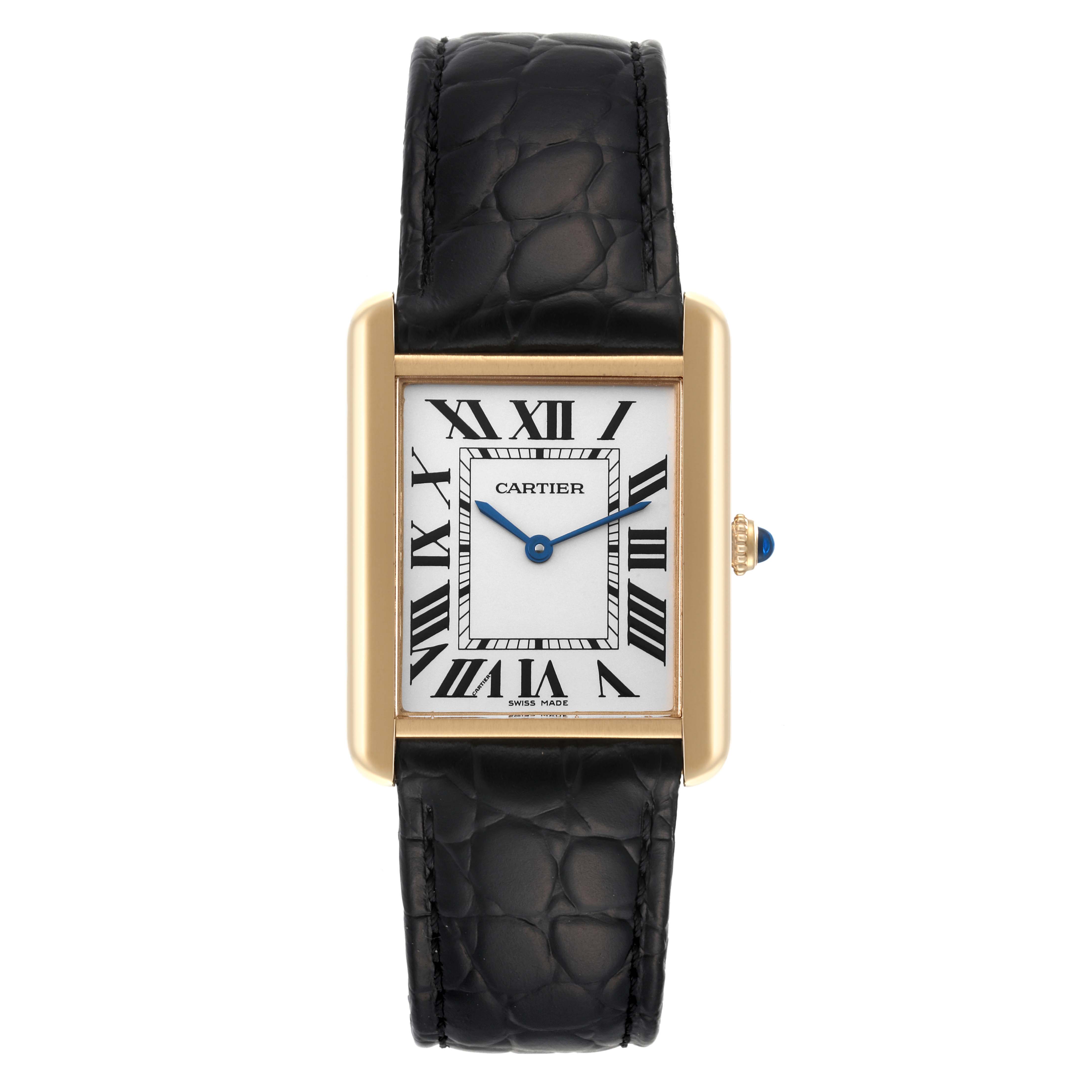 The image shows a frontal view of the Cartier Tank Solo W5200004 Men's Yellow Gold Silver Dial W5200004 Men's Yellow Gold Silver Dial watch, highlighting the face, strap, and crown detail.
