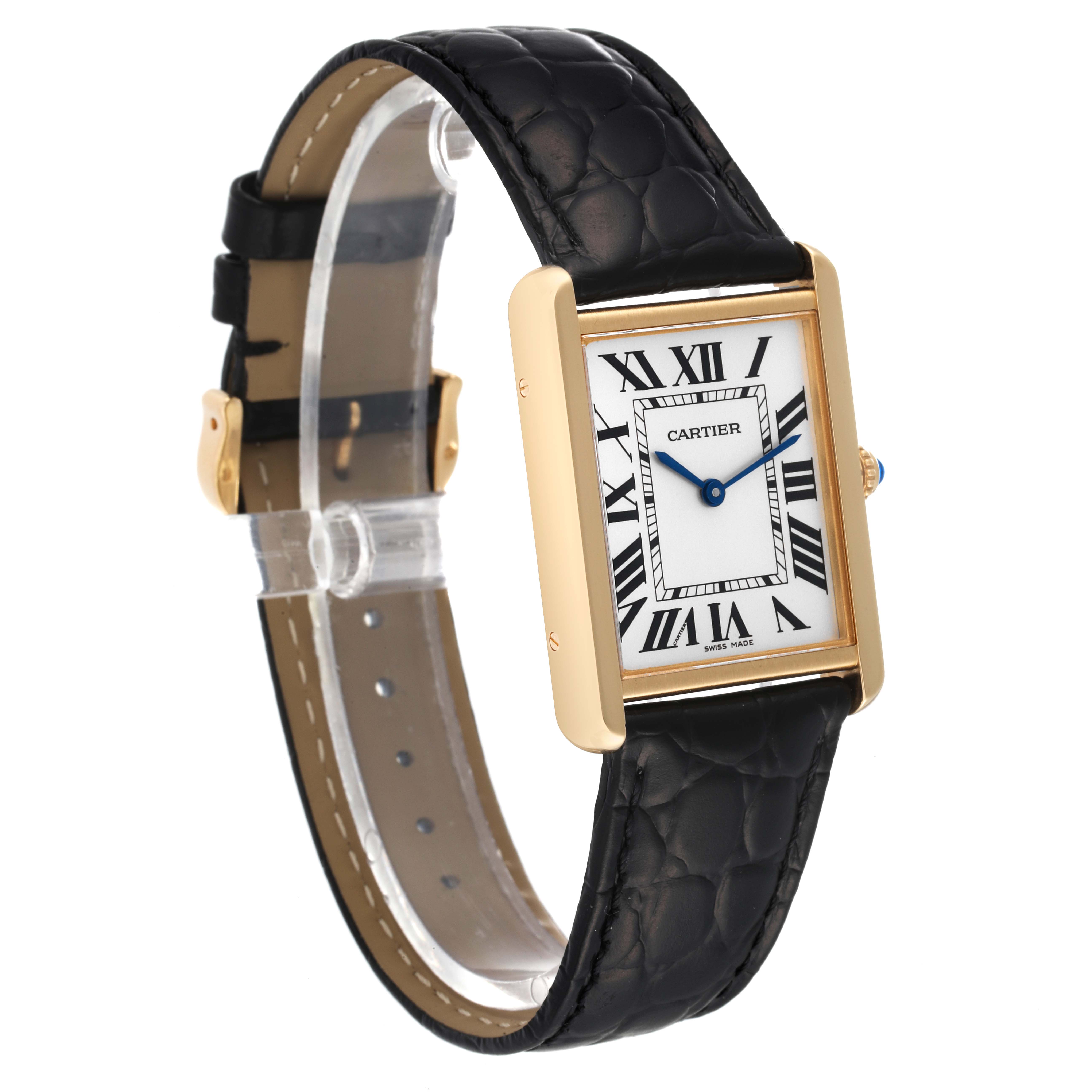 The image shows a Cartier Tank Solo W5200004 Men's Yellow Gold Silver Dial W5200004 Men's Yellow Gold Silver Dial watch at a slight angle, highlighting the rectangular face, black leather strap, and gold case.