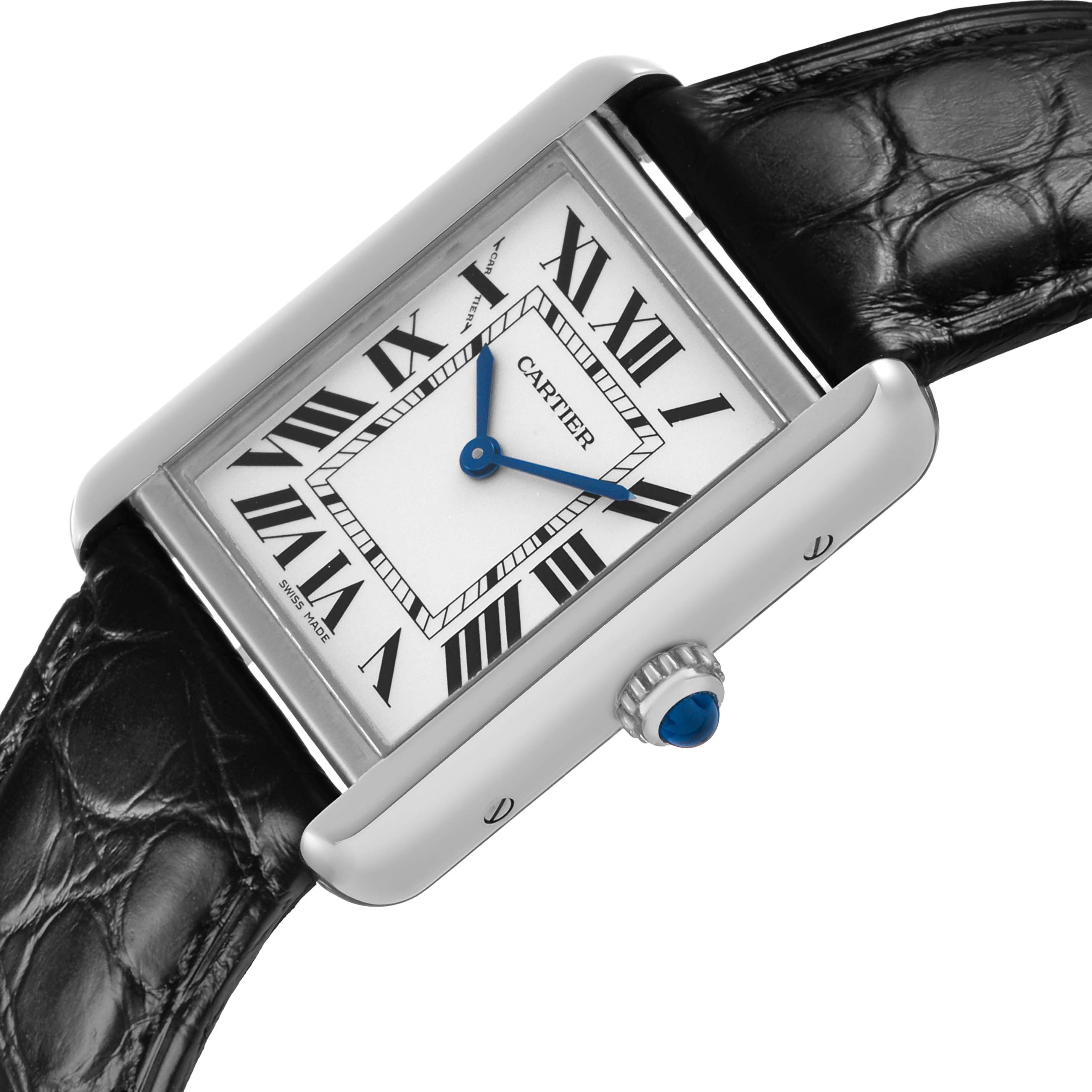 The Cartier Tank Solo WSTA0030 Women's Stainless Steel Silver Dial watch is shown at an angled view highlighting its face, crown, and leather strap.
