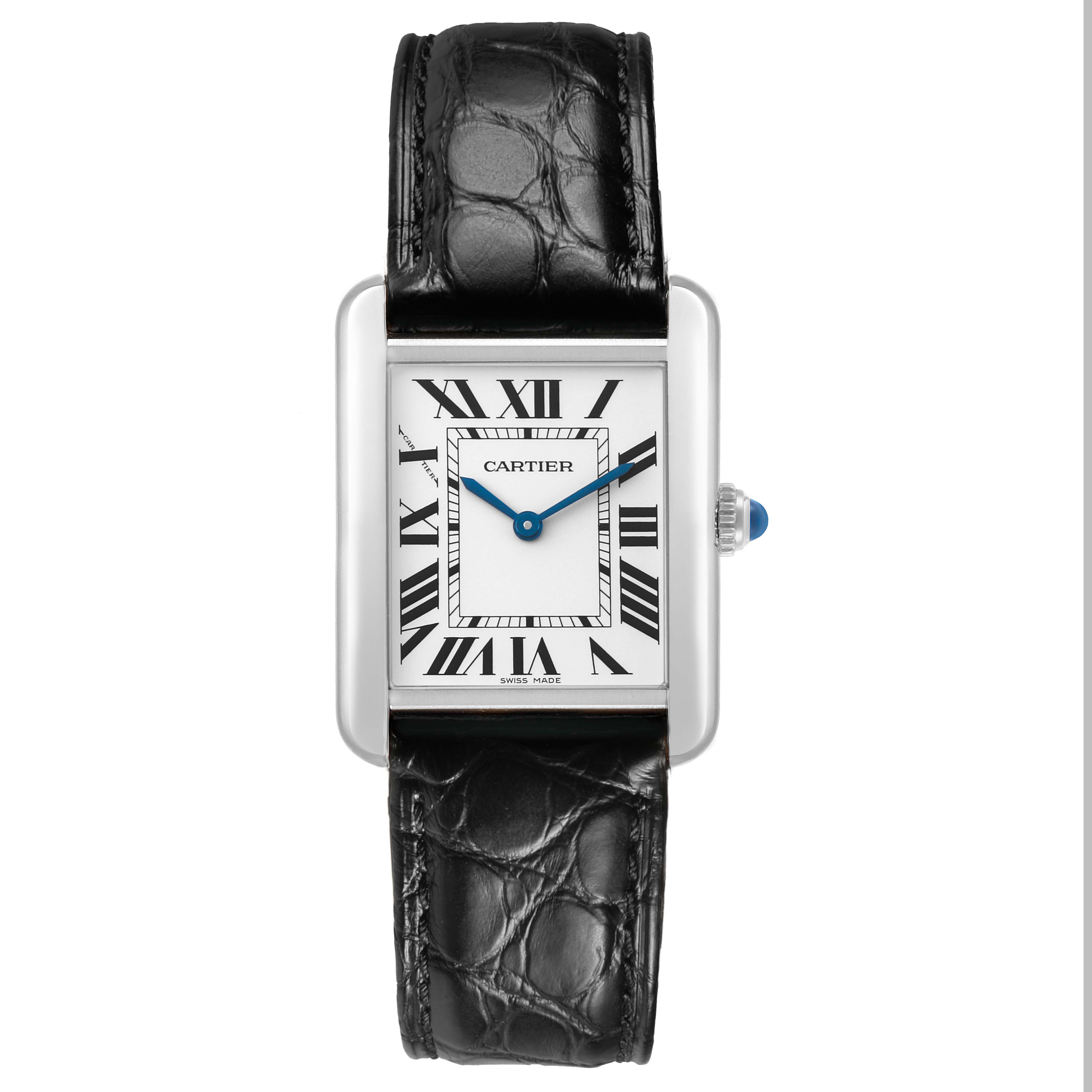 The Cartier Tank Solo WSTA0030 Women's Stainless Steel Silver Dial watch is shown from the front, displaying its rectangular face, Roman numeral dial, and leather strap.
