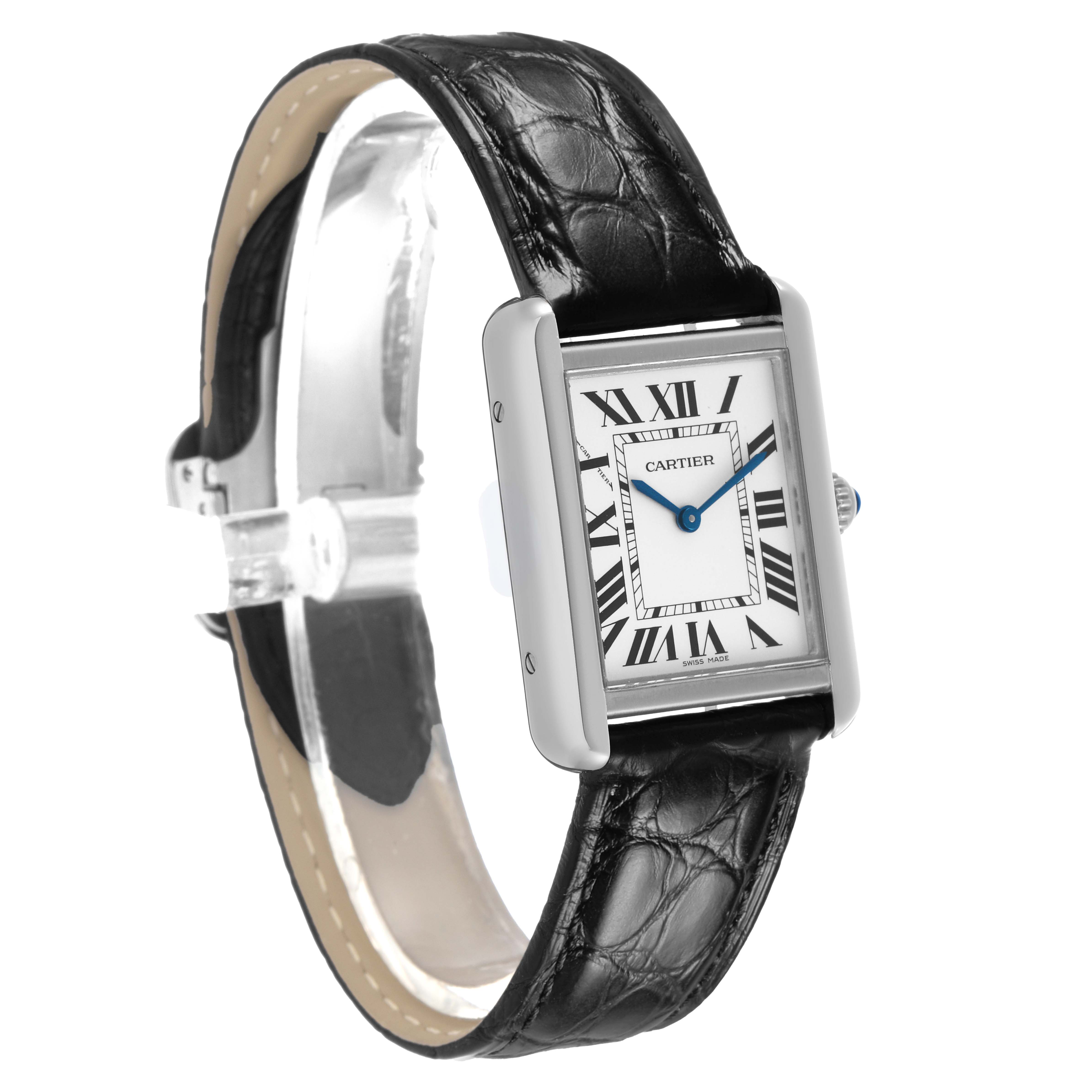 The Cartier Tank Solo WSTA0030 Women's Stainless Steel Silver Dial watch is shown at a slight angle, highlighting the black leather strap and rectangular face.