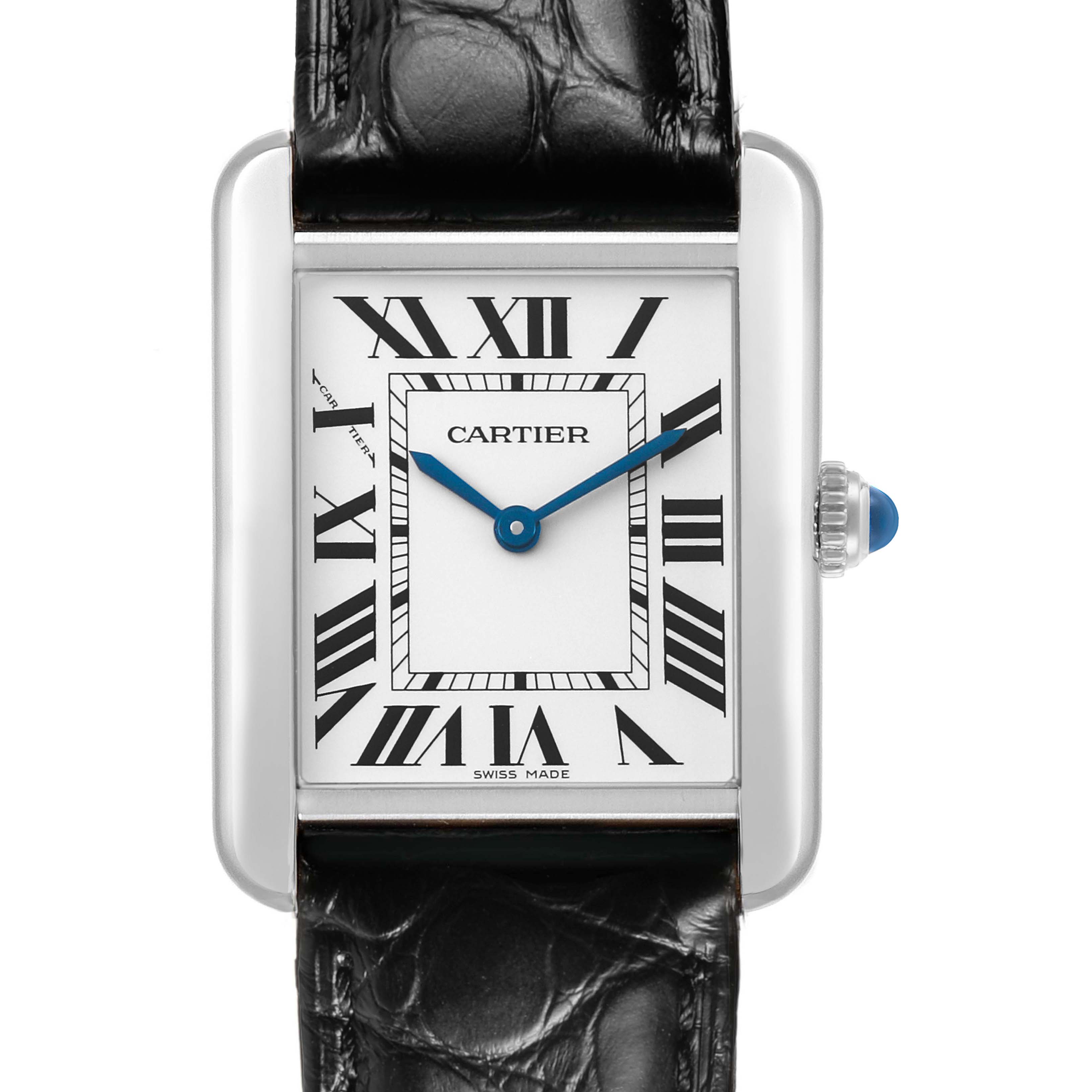 The Cartier Tank Solo WSTA0030 Women's Stainless Steel Silver Dial watch is shown from the front, highlighting the face, case, and strap with Roman numerals and blue hands.