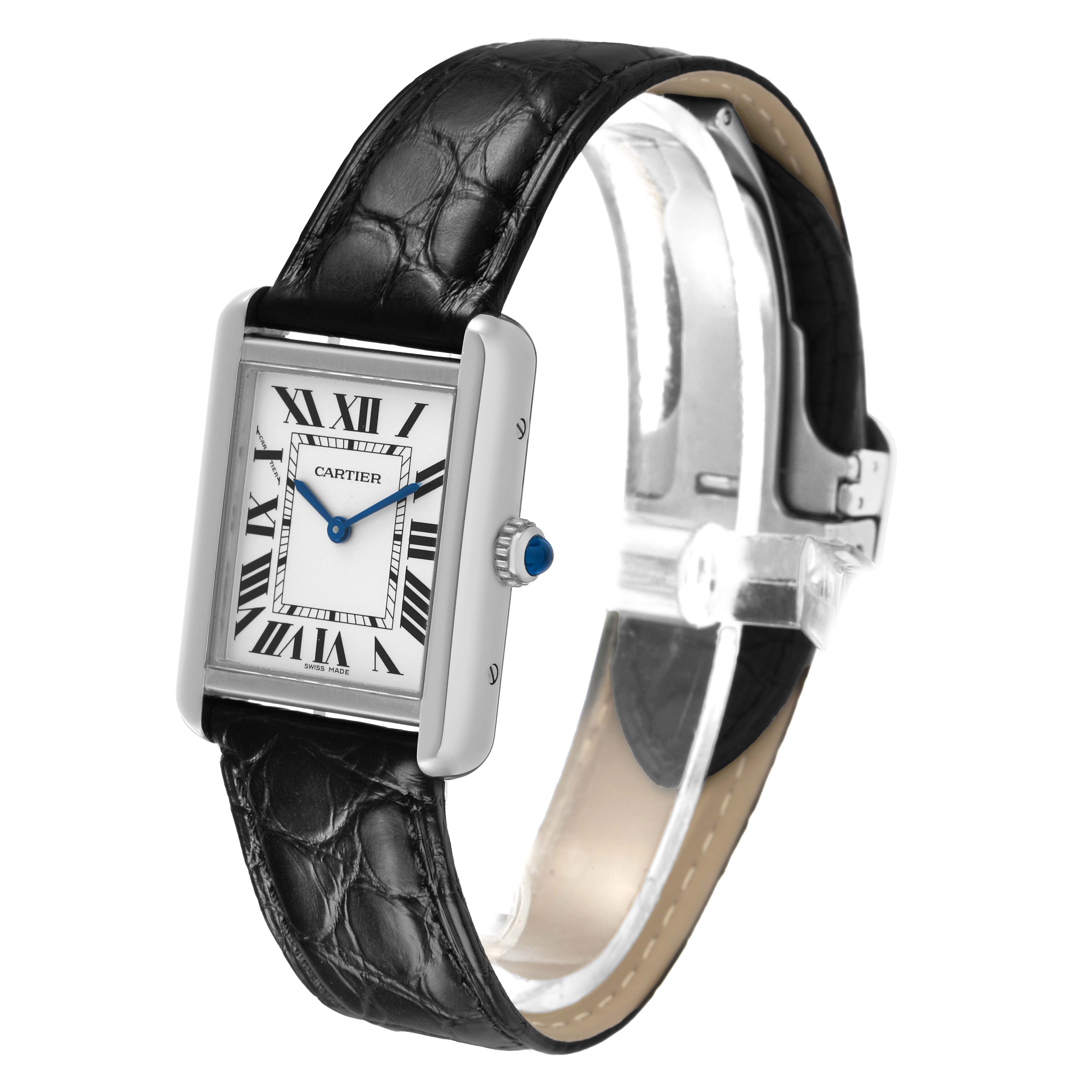 The Cartier Tank Solo WSTA0030 Women's Stainless Steel Silver Dial watch is shown at a slight side angle, displaying the face, black leather strap, and silver buckle.
