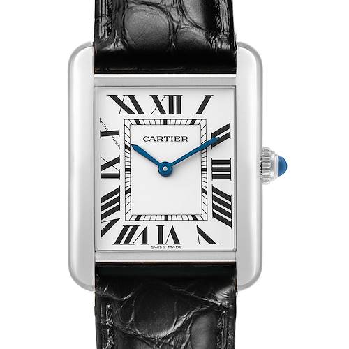 The Cartier Tank Solo WSTA0030 Women's Stainless Steel Silver Dial watch is shown from the front, highlighting the dial, Roman numerals, blue hands, and leather strap.