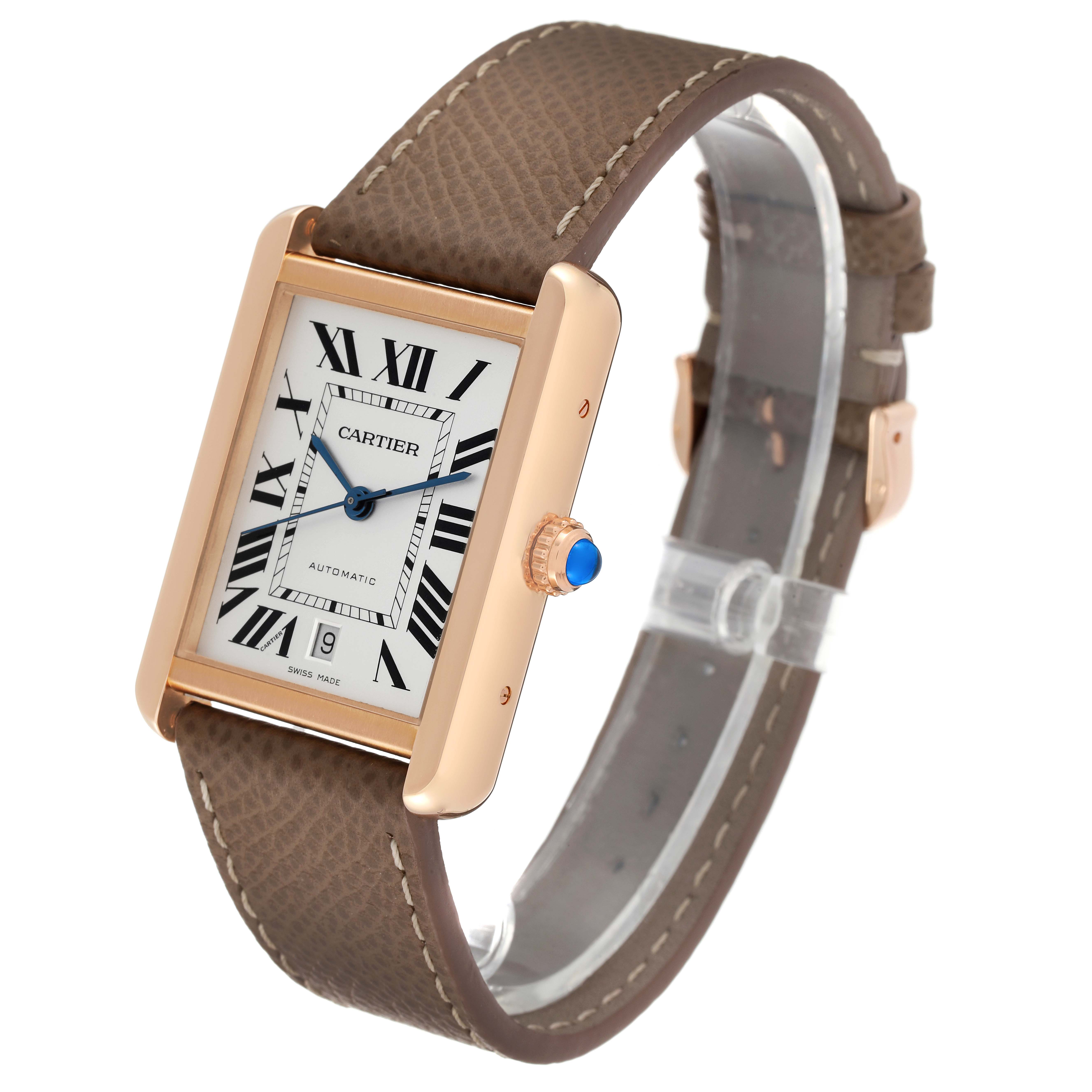This image shows a Cartier Tank Solo W5200026 Men's Rose Gold Silver Dial W5200026 Men's Rose Gold Silver Dial watch at a three-quarter angle, highlighting its brown leather strap and rectangular face with Roman numerals.