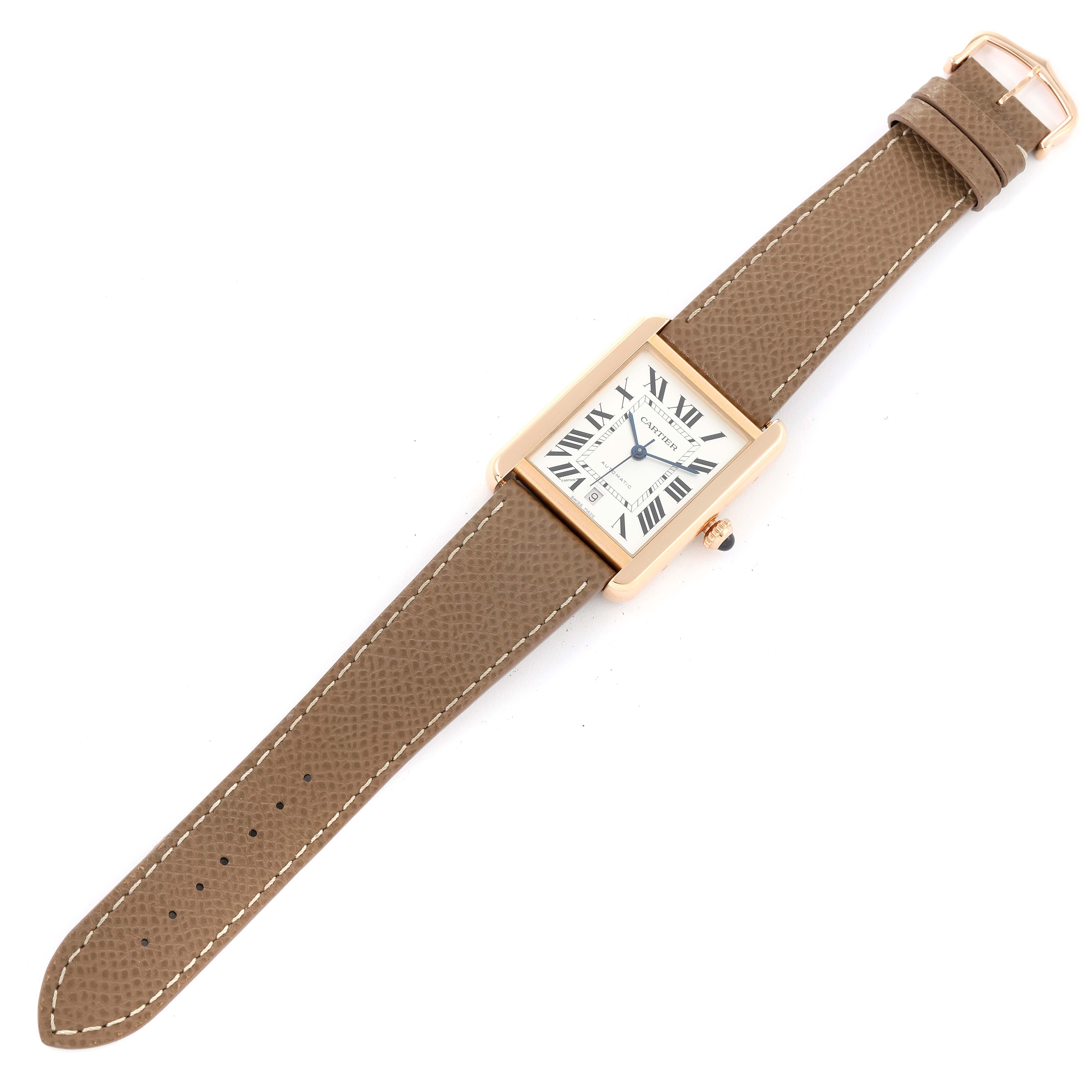 The image shows a Cartier Tank Solo W5200026 Men's Rose Gold Silver Dial W5200026 Men's Rose Gold Silver Dial watch from a top-down angle, displaying the face, case, and the full leather strap.