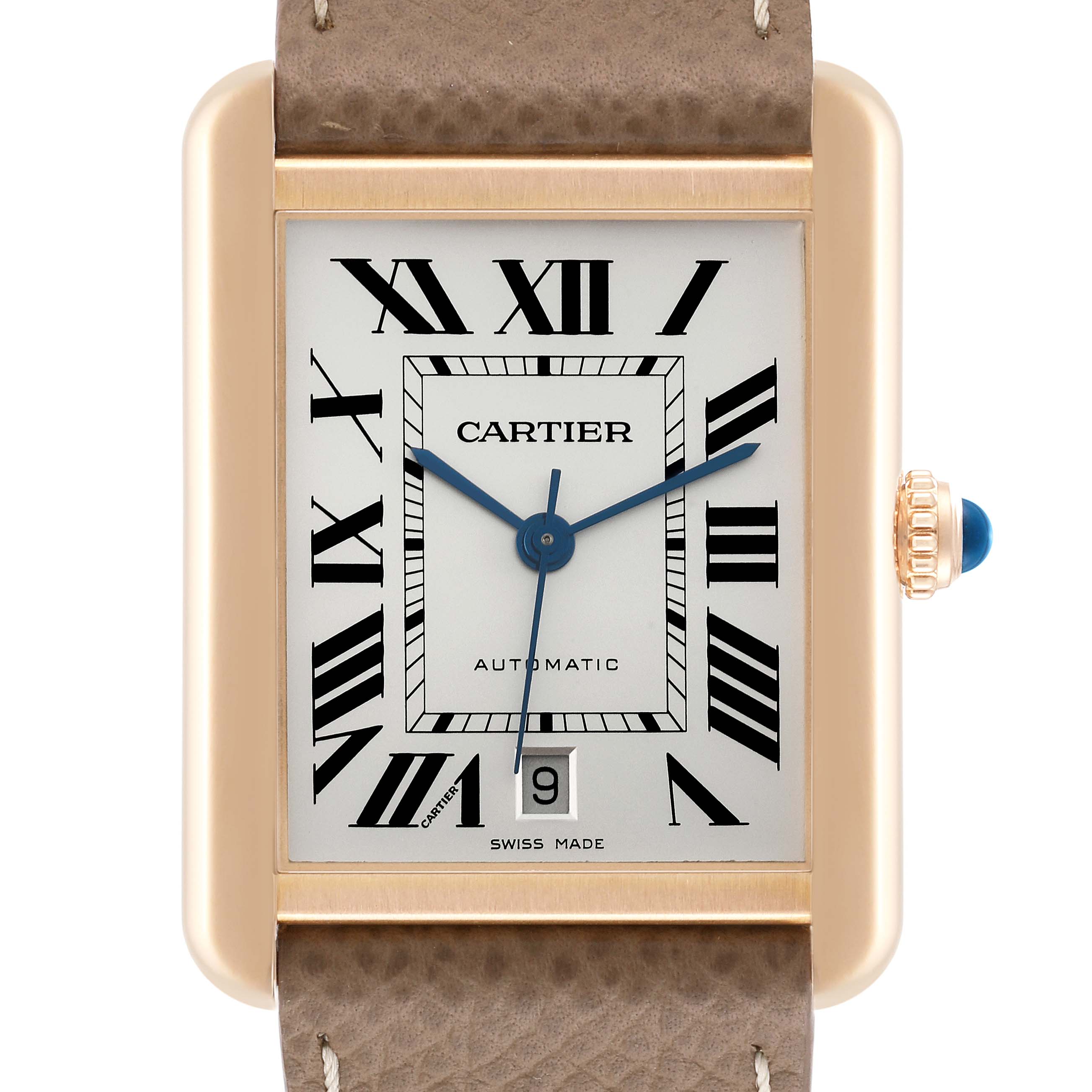 This is a close-up of the dial of a Cartier Tank Solo W5200026 Men's Rose Gold Silver Dial W5200026 Men's Rose Gold Silver Dial watch, emphasizing the Roman numerals, date, and blue hands.
