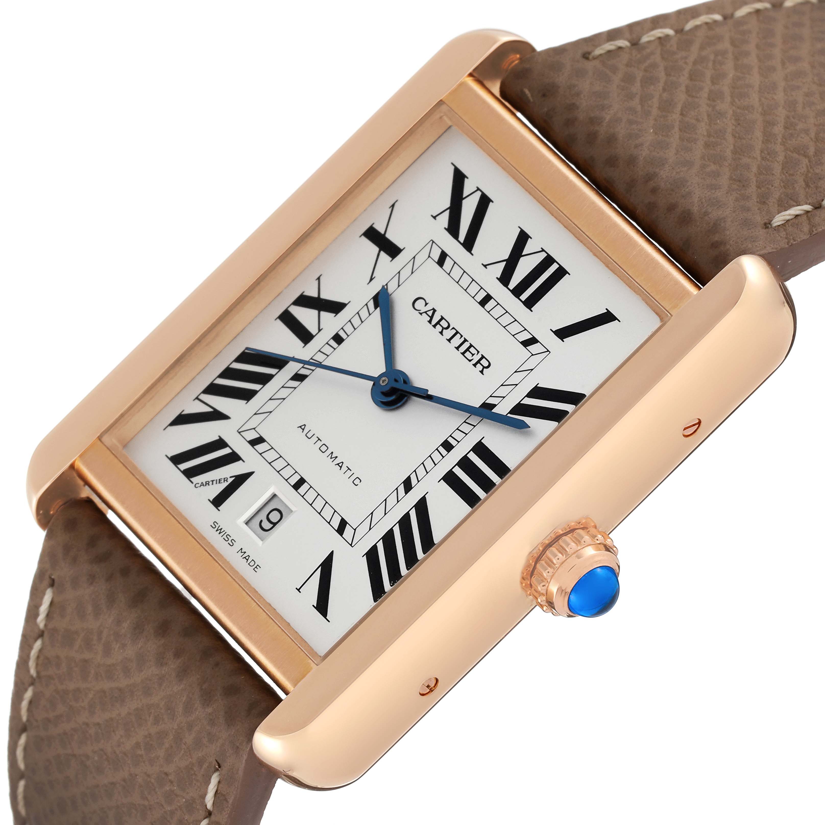 The image shows a close-up, angled view of the Cartier Tank Solo W5200026 Men's Rose Gold Silver Dial W5200026 Men's Rose Gold Silver Dial watch, highlighting its face, crown, and leather strap.
