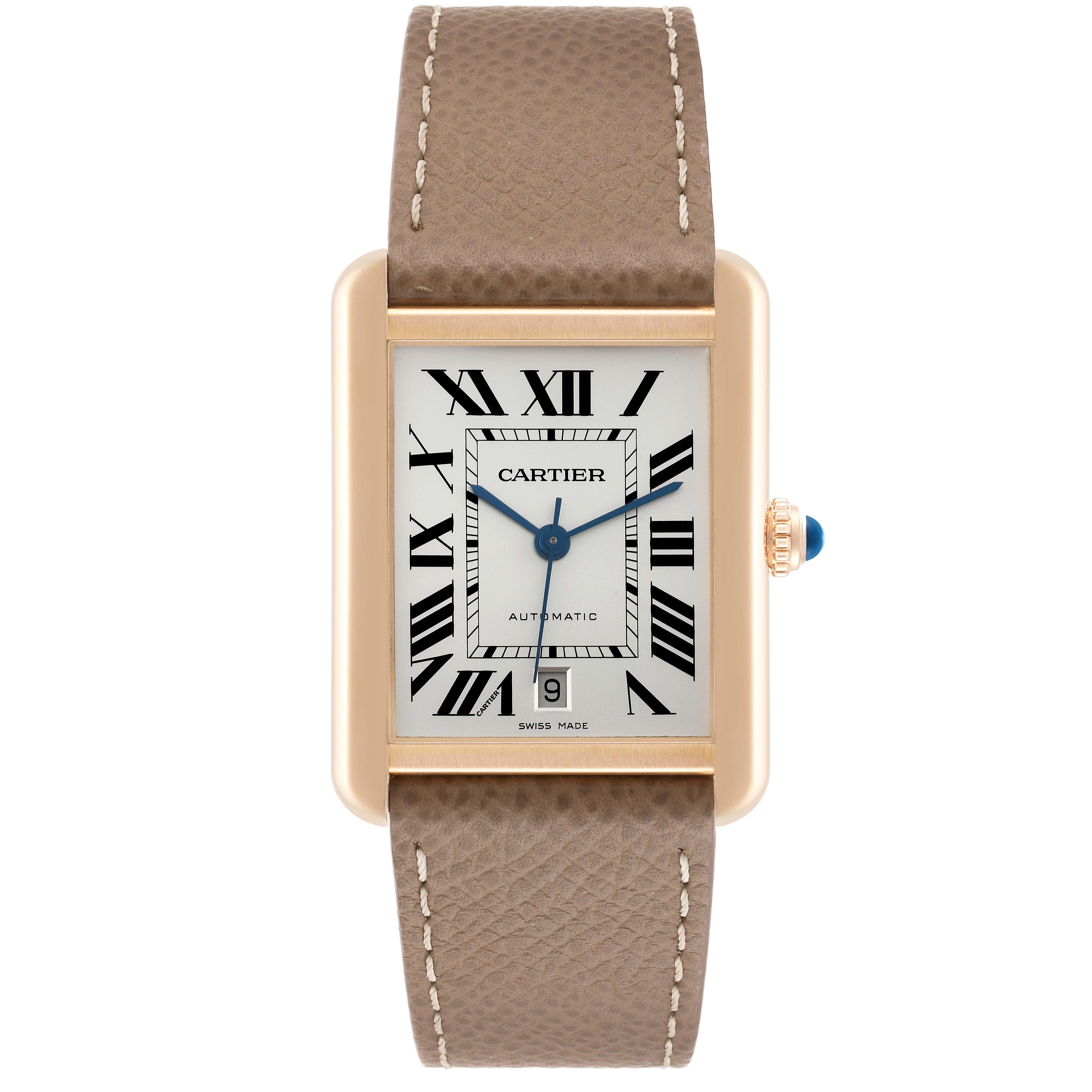 The image shows a Cartier Tank Solo W5200026 Men's Rose Gold Silver Dial W5200026 Men's Rose Gold Silver Dial watch from the front, displaying its face, hands, case, crown, and leather strap.