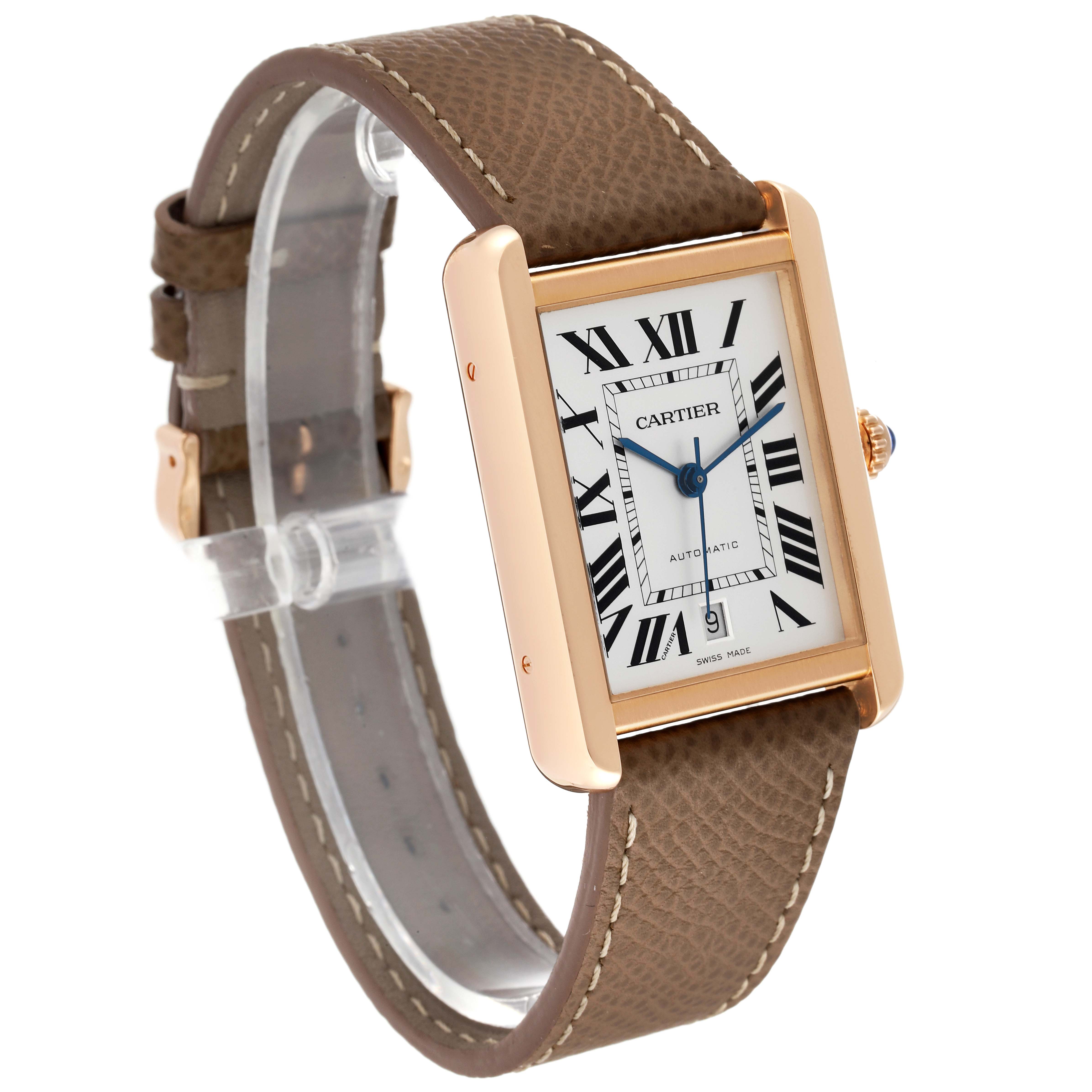 The Cartier Tank Solo W5200026 Men's Rose Gold Silver Dial W5200026 Men's Rose Gold Silver Dial watch is shown at an angle displaying its face, lugs, crown, and leather strap.