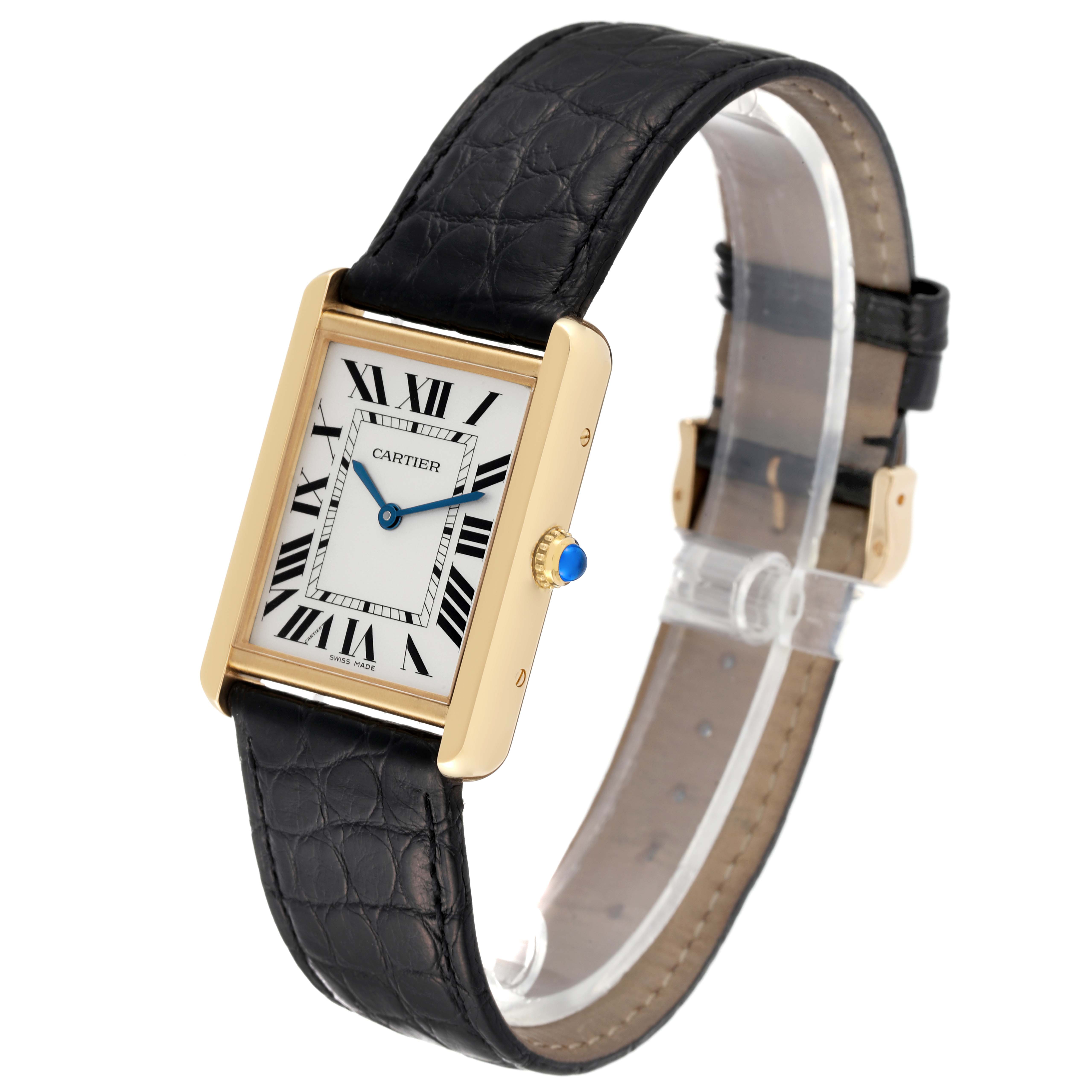 The image shows a Cartier Tank Solo W1018855 Men's Yellow Gold Silver Dial W1018855 Men's Yellow Gold Silver Dial watch angled slightly to display its rectangular face, black leather strap, and gold casing with a blue cabochon crown.