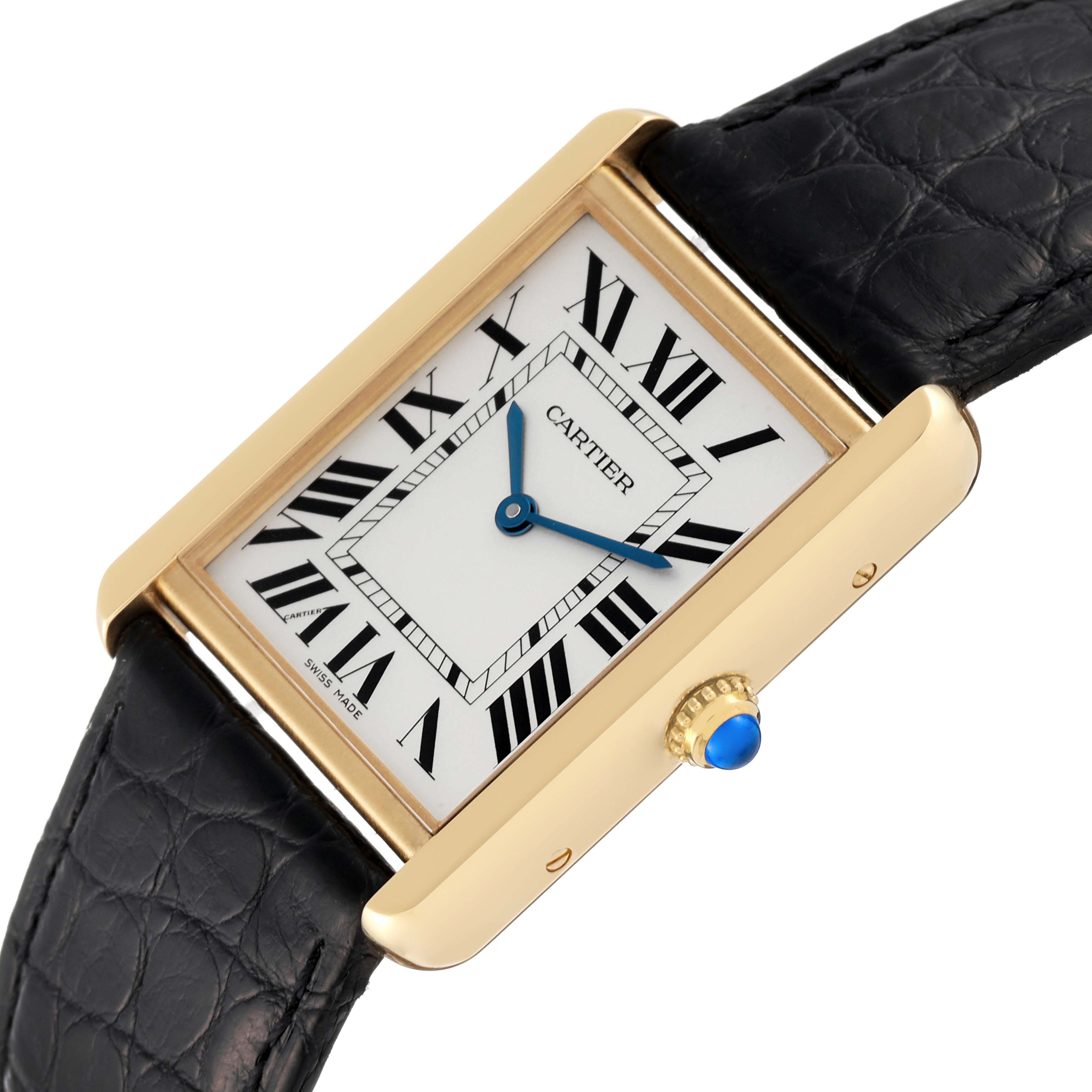 The image shows a Cartier Tank Solo W1018855 Men's Yellow Gold Silver Dial W1018855 Men's Yellow Gold Silver Dial watch at an overhead angle, displaying the face, bezel, crown, and leather strap.