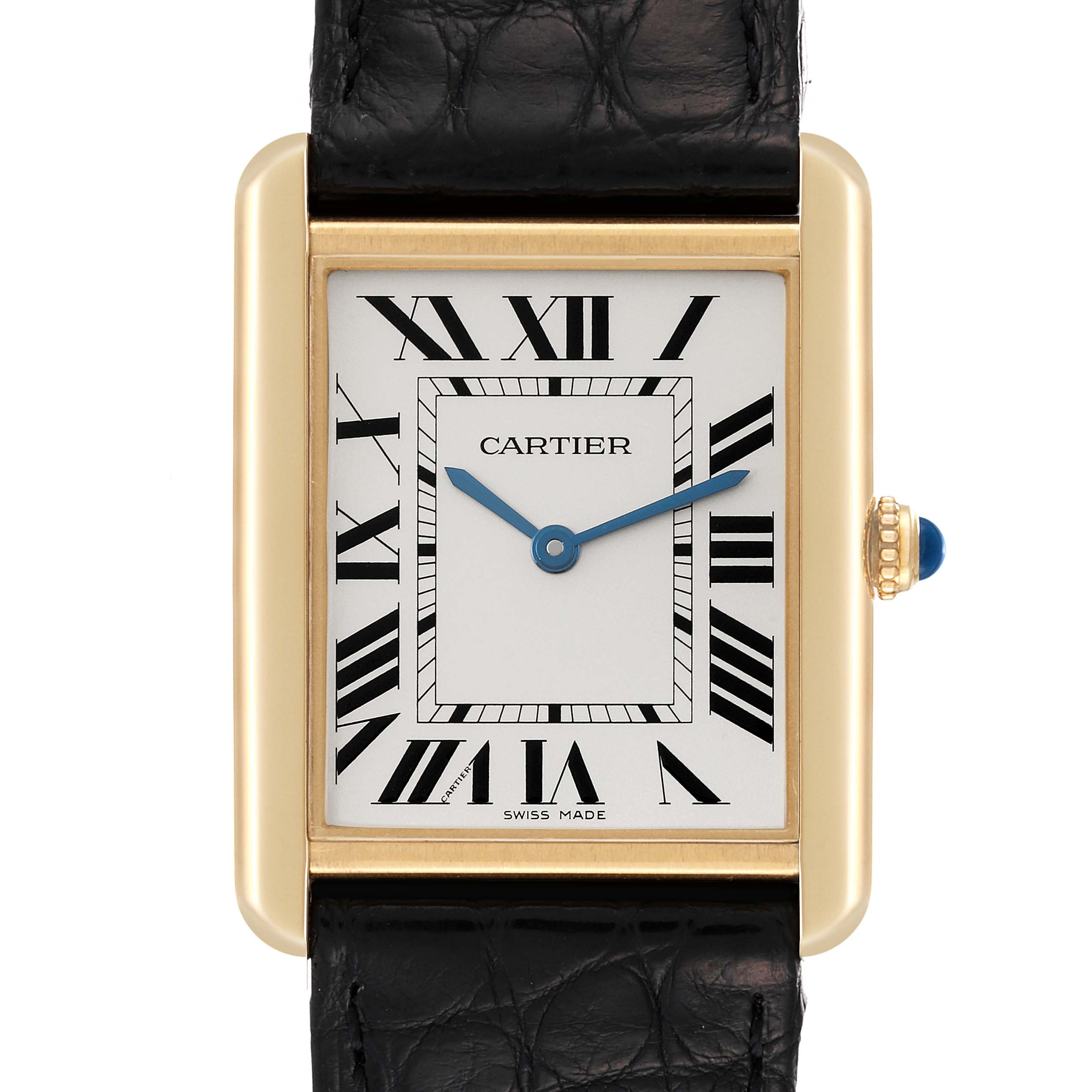 The image shows a front view of the Cartier Tank Solo W1018855 Men's Yellow Gold Silver Dial W1018855 Men's Yellow Gold Silver Dial watch, highlighting its rectangular face, Roman numerals, and black leather strap.