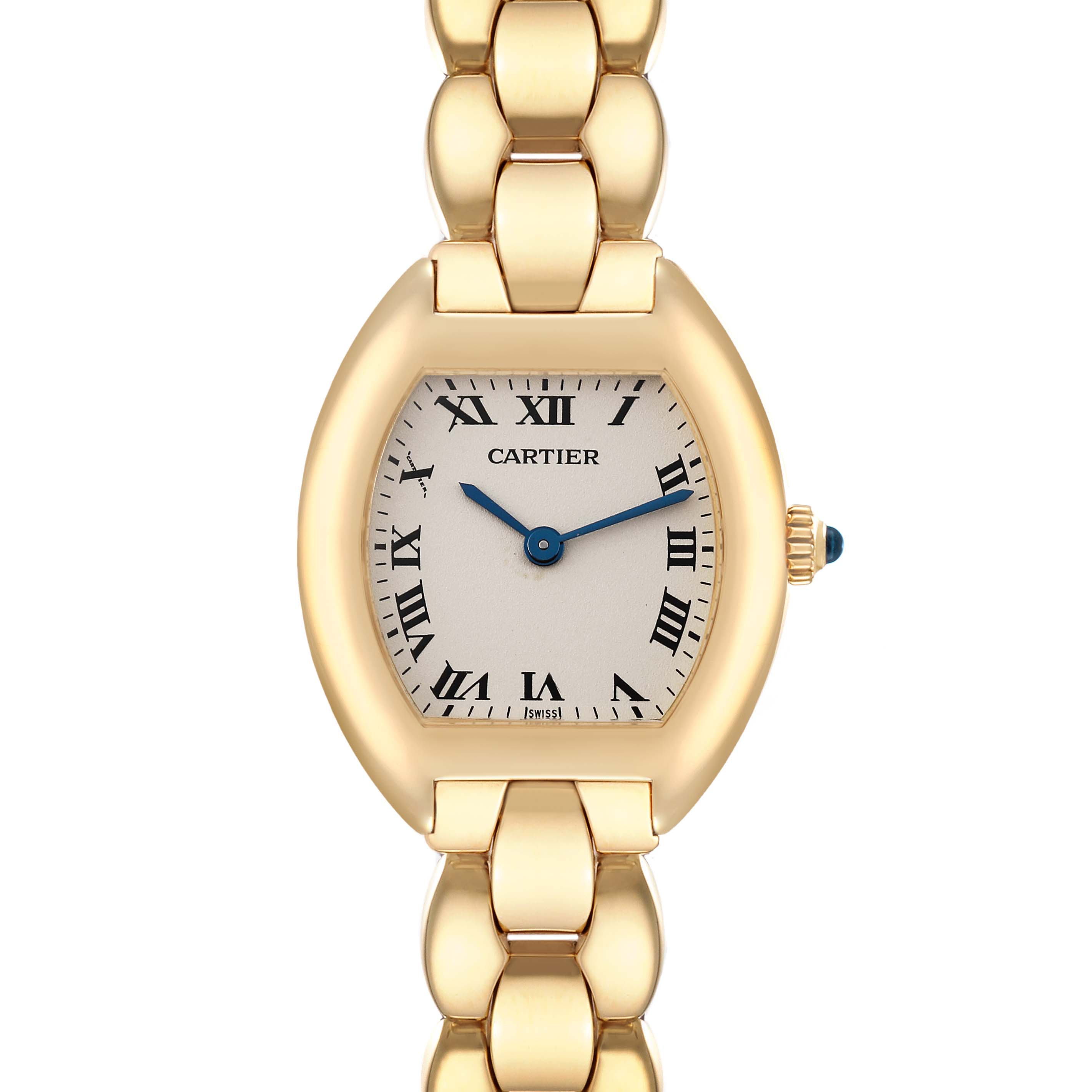 The image shows a front view of the Cartier Tortue 1945 Women's Yellow Gold Silver Dial 1945 Women's Yellow Gold Silver Dial watch, highlighting its gold case, Roman numeral dial, and linked bracelet.