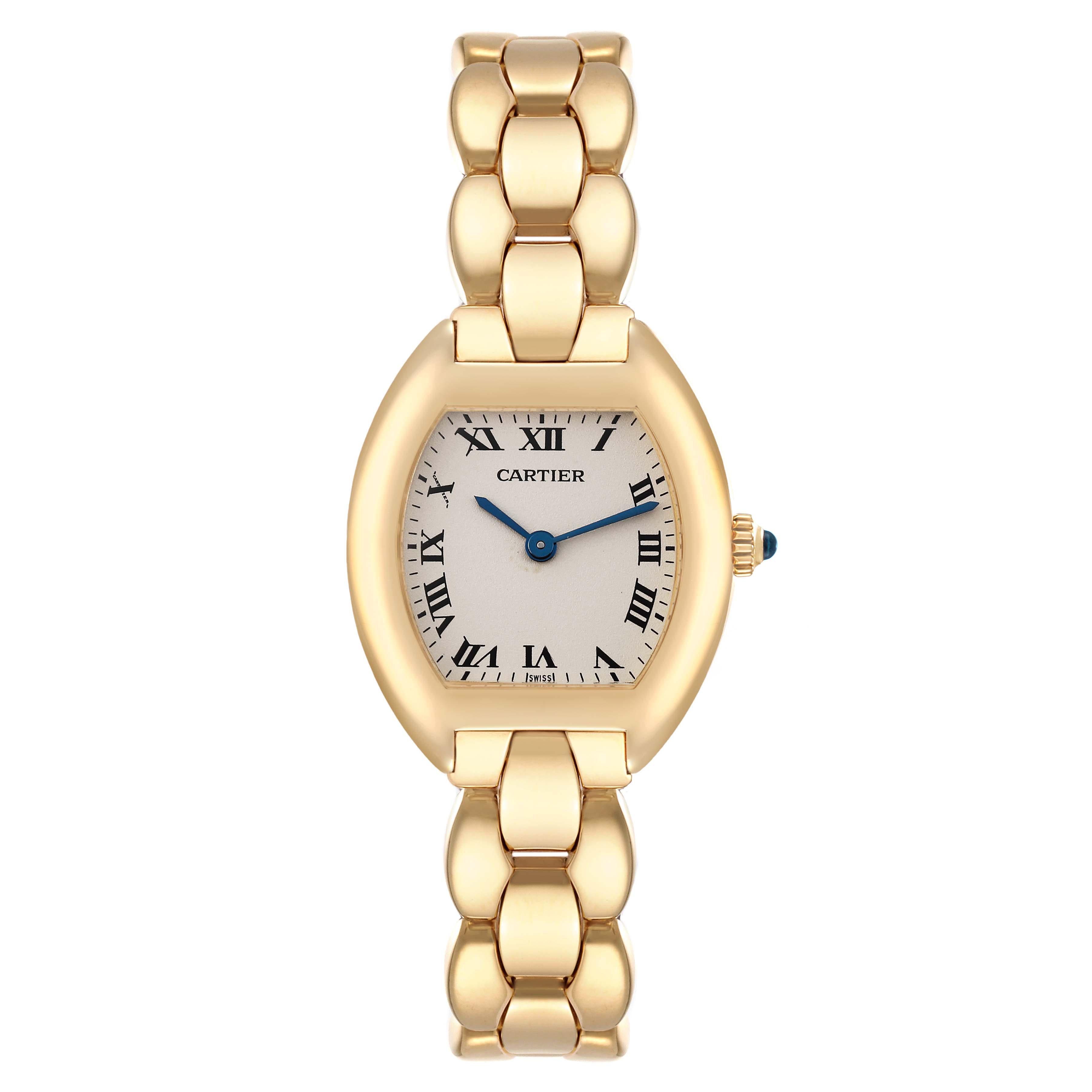 The image displays a front view of a gold-toned Cartier Tortue 1945 Women's Yellow Gold Silver Dial 1945 Women's Yellow Gold Silver Dial watch, showcasing its face, Roman numerals, and bracelet.