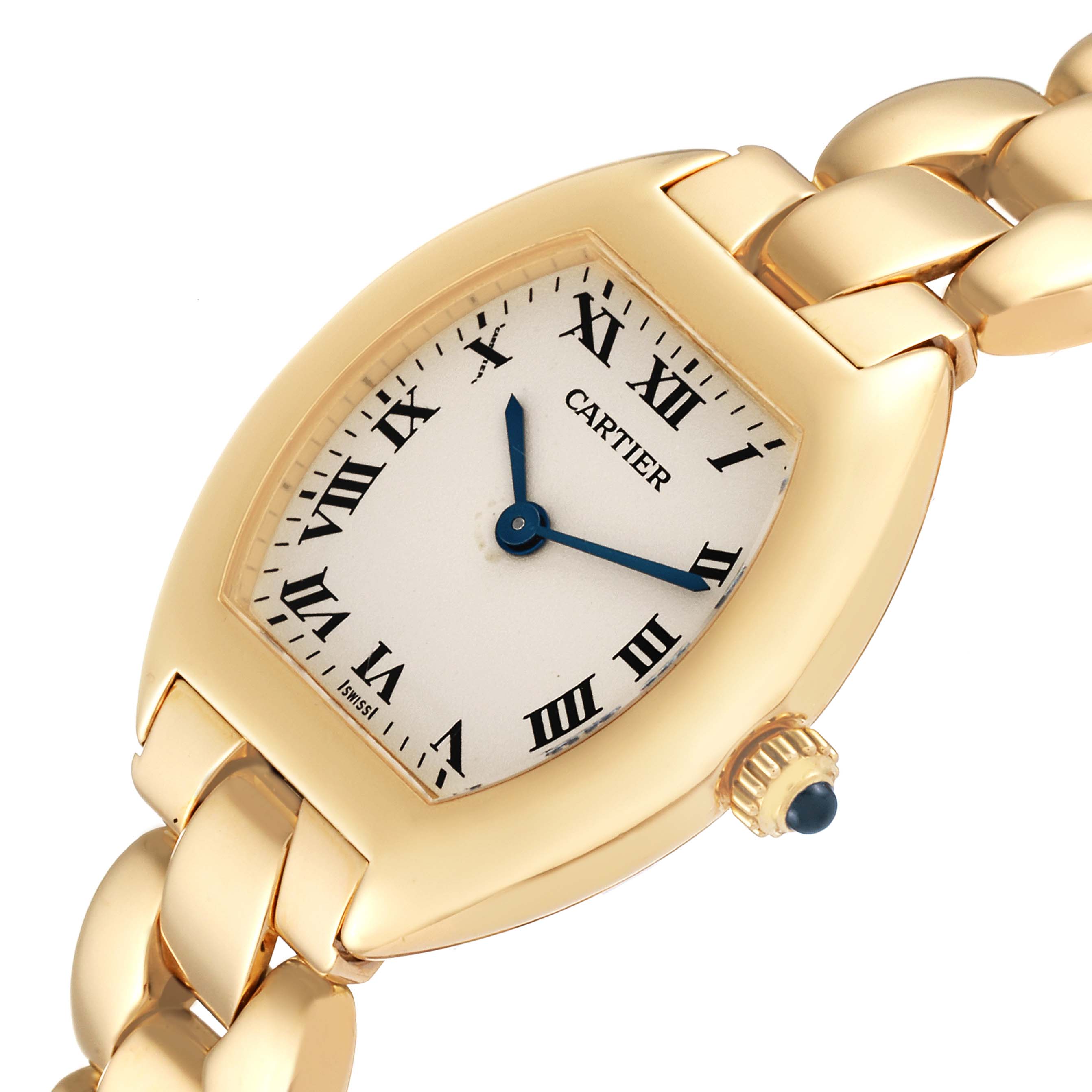 The image shows a close-up angled view of the dial, bezel, and part of the bracelet of a Cartier Tortue 1945 Women's Yellow Gold Silver Dial 1945 Women's Yellow Gold Silver Dial watch.