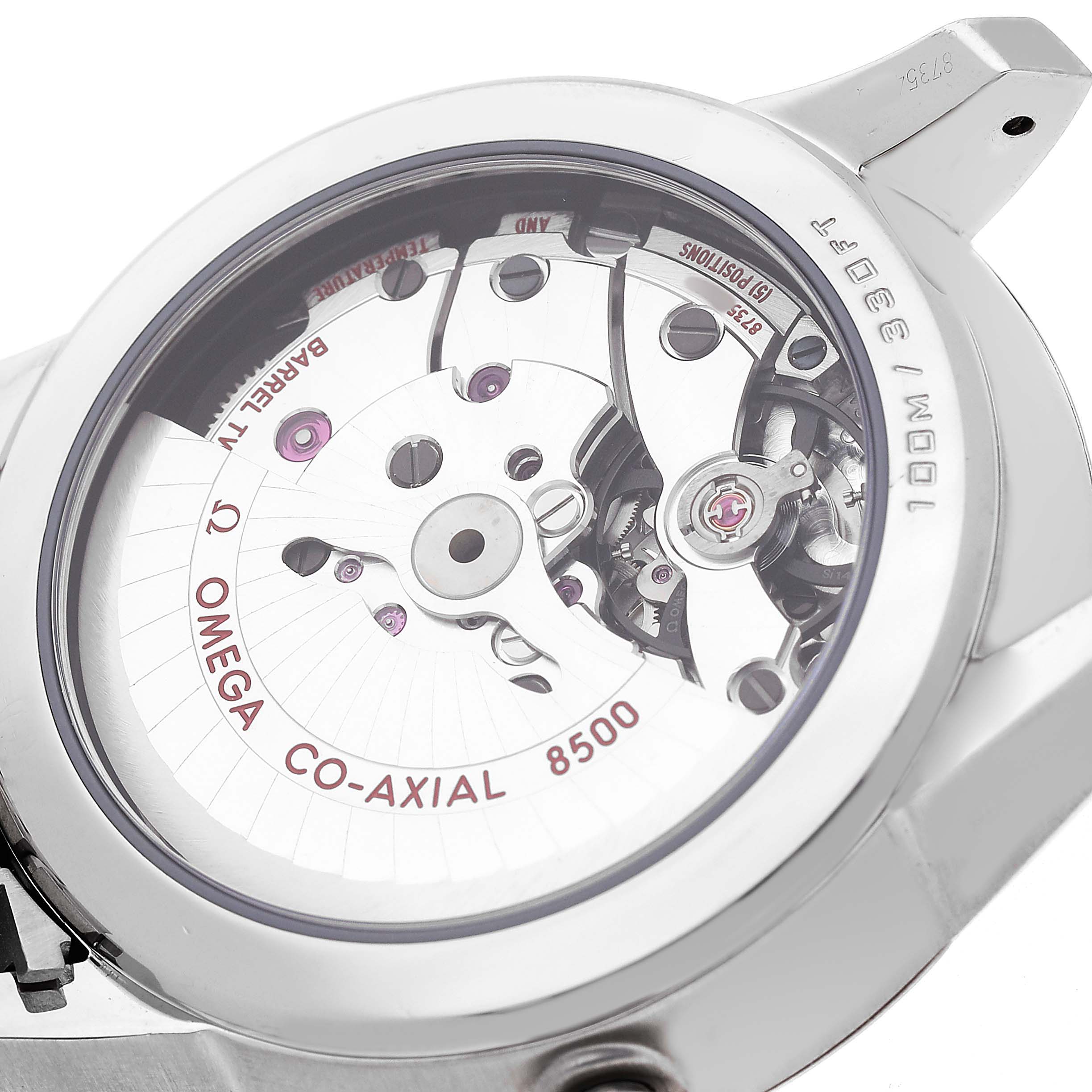 The image shows the back view of an Omega De Ville 433.10.41.21.02.001 Men's Stainless Steel Silver Dial watch, displaying its Co-Axial 8500 movement.