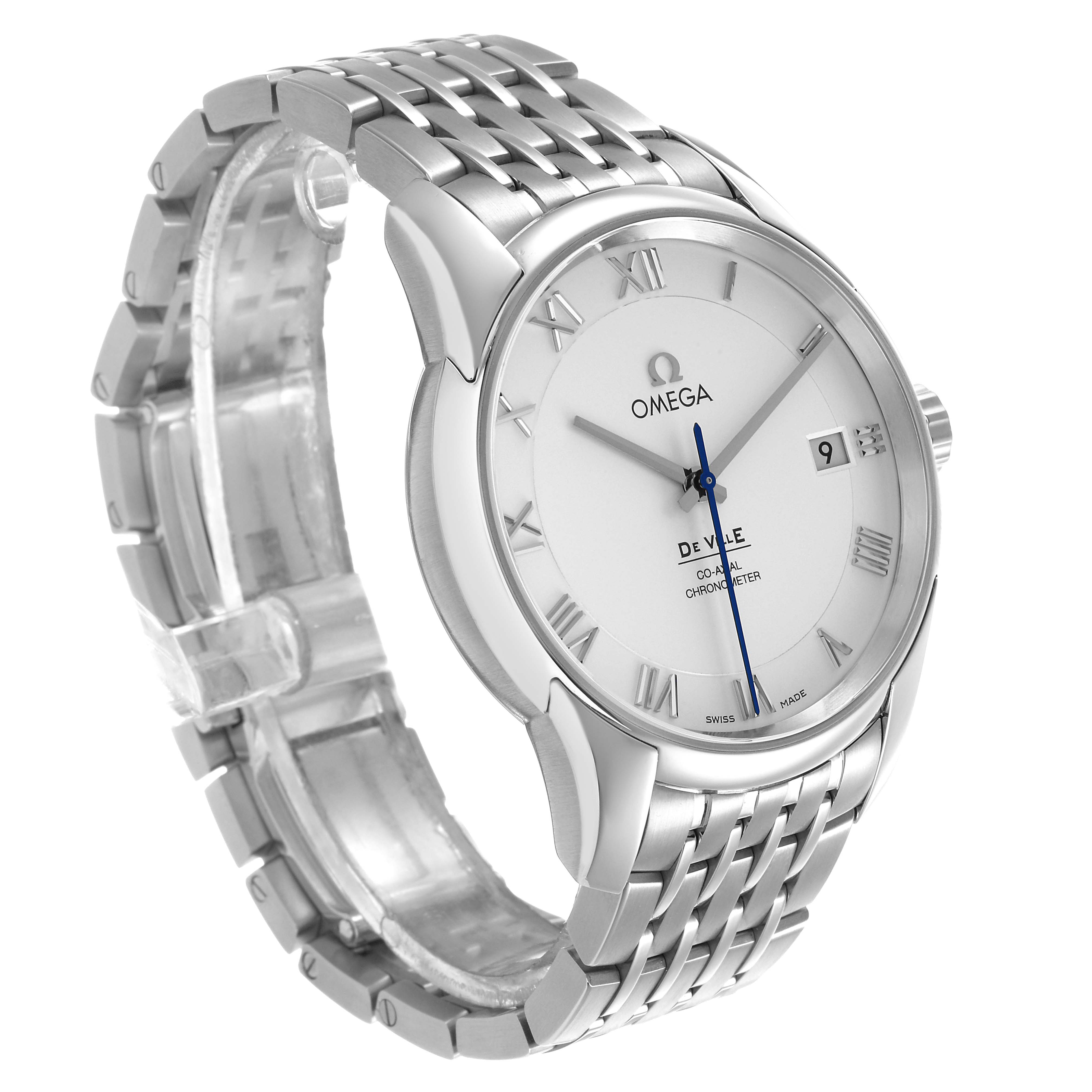 The Omega De Ville 433.10.41.21.02.001 Men's Stainless Steel Silver Dial watch is shown at a three-quarter angle, highlighting the face, bezel, crown, and metal bracelet.