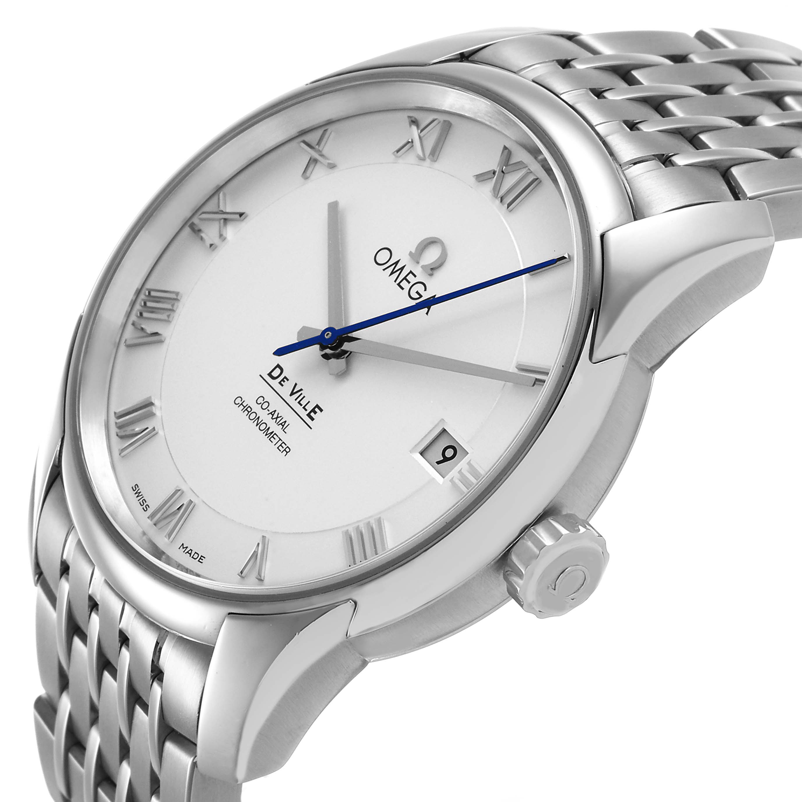 The Omega De Ville 433.10.41.21.02.001 Men's Stainless Steel Silver Dial watch is shown at a three-quarter angle, highlighting the face, Roman numerals, hands, date window, and part of the bracelet.