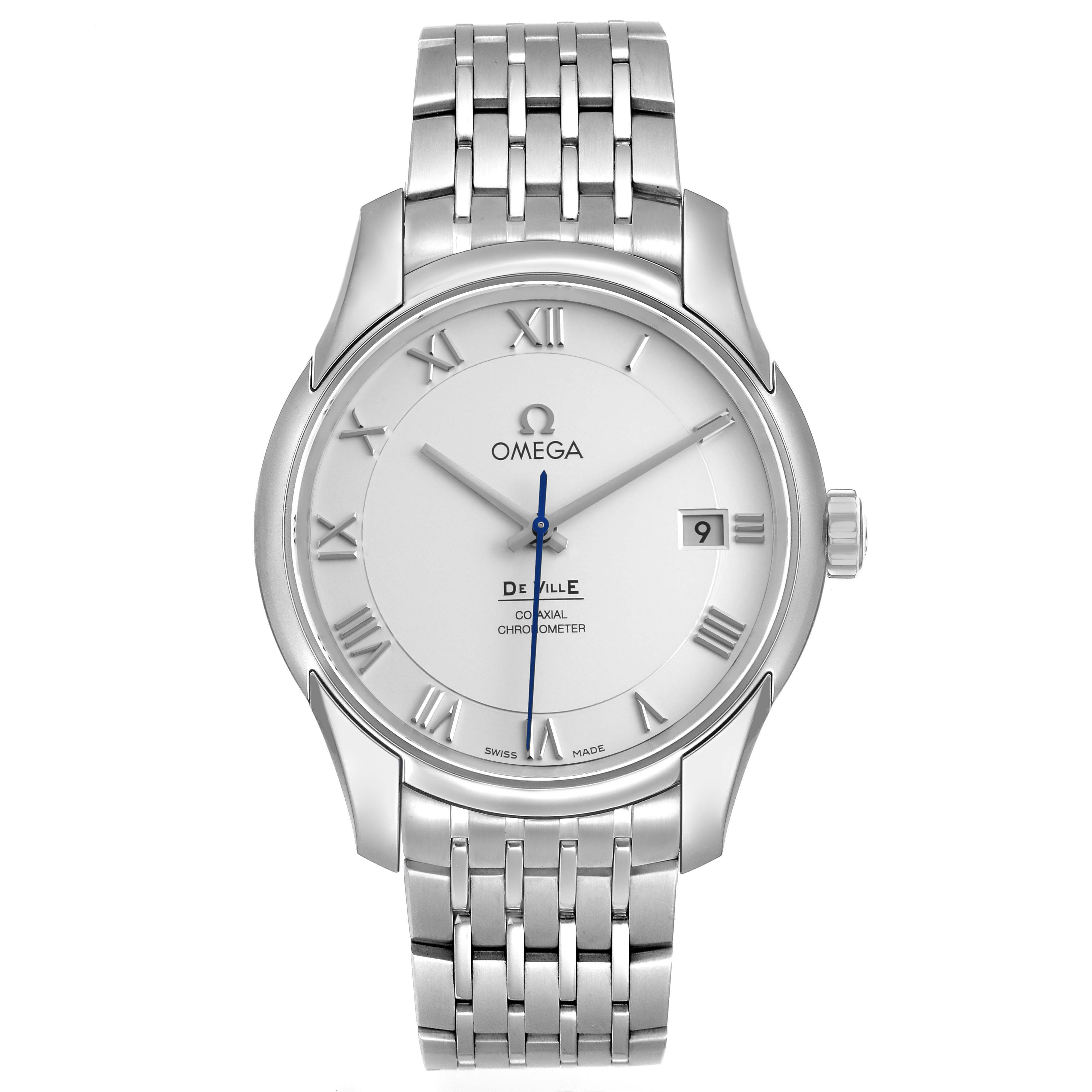 The Omega De Ville 433.10.41.21.02.001 Men's Stainless Steel Silver Dial watch is shown from a front angle, displaying the dial, case, bracelet, and crown.